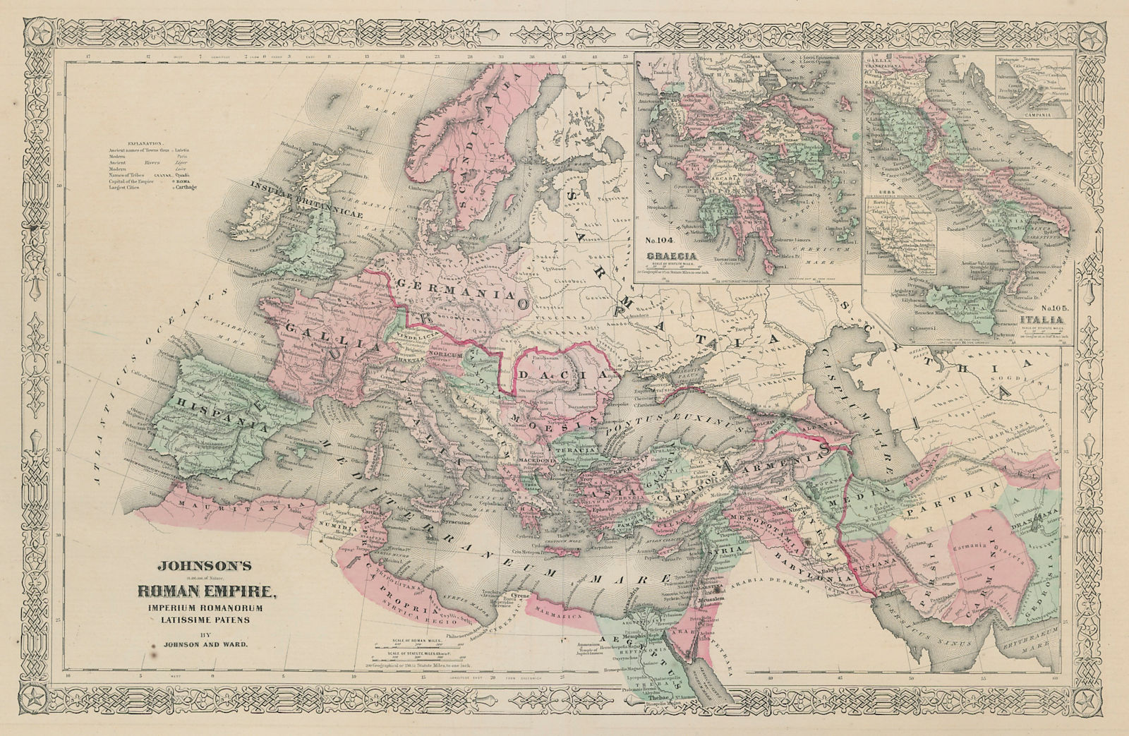 Johnson's Roman Empire. Imperium Romanorum. Graecia Italia Greece Italy 1865 map