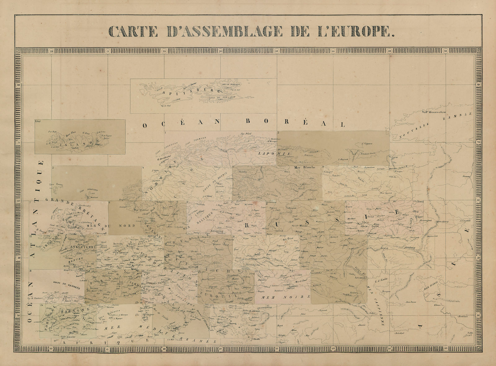 Carte d'Assemblage de l'Europe. Index map. VANDERMAELEN 1827 old antique