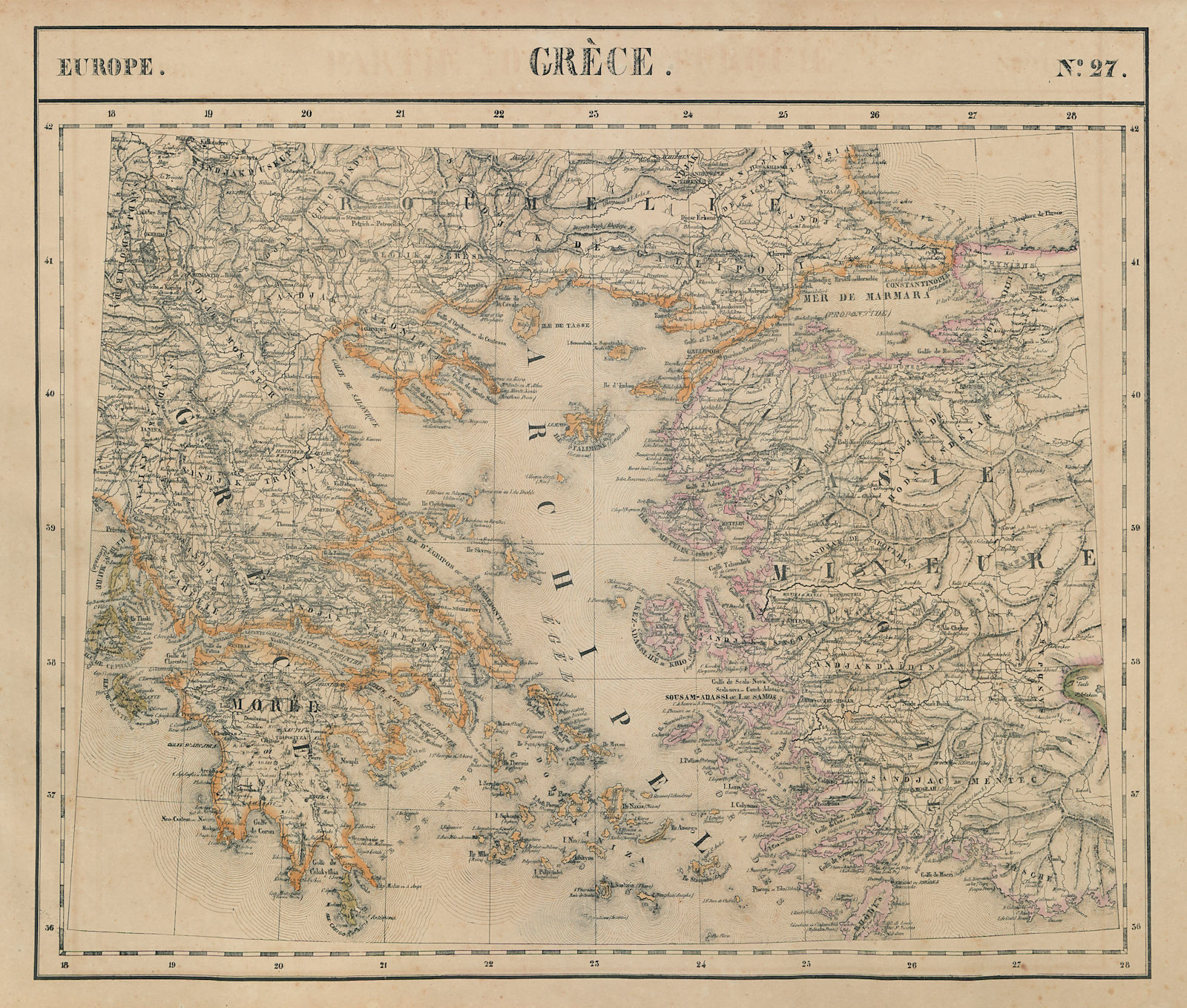 Europe. Grèce #27 Greece, Aegean & western Turkey. VANDERMAELEN 1827 old map