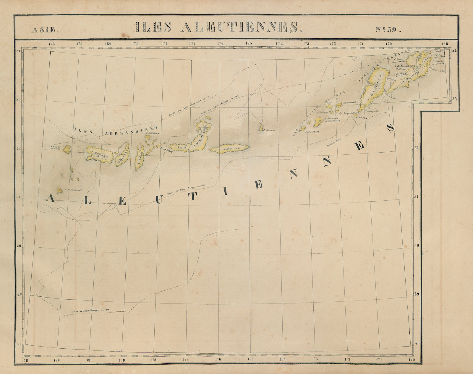 Asie. Iles Aleutiennes #39 Aleutian Islands, Alaska. VANDERMAELEN 1827 old map