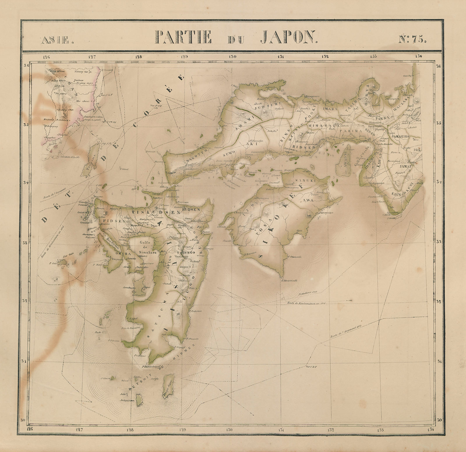 Asie. Japon #75 SW Japan Kyushu Shikoku Chugoku Korea VANDERMAELEN 1827 map