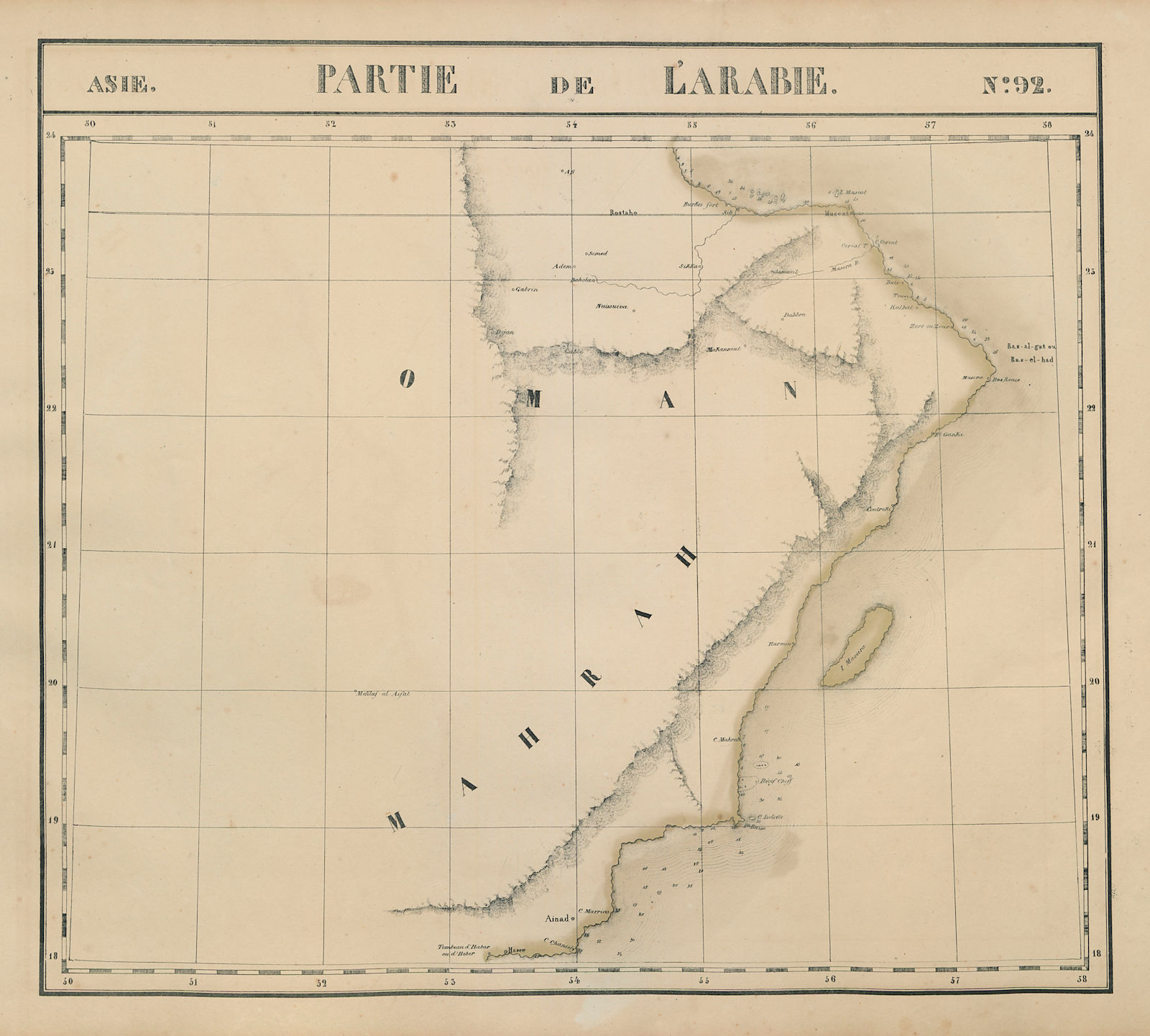Asie. Partie de l'Arabie #92 Oman & SE Saudi Arabia VANDERMAELEN 1827 old map