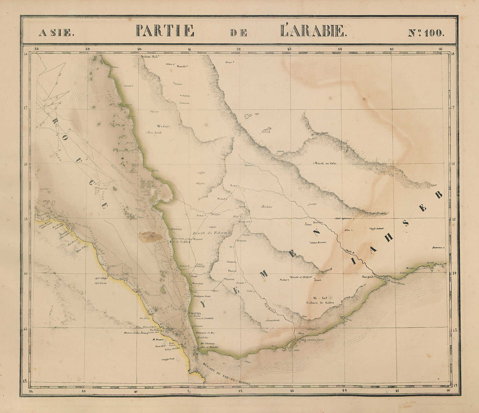 Asie. Arabie #100 Yemen Djibouti Eritrea Saudi Arabia VANDERMAELEN 1827 map