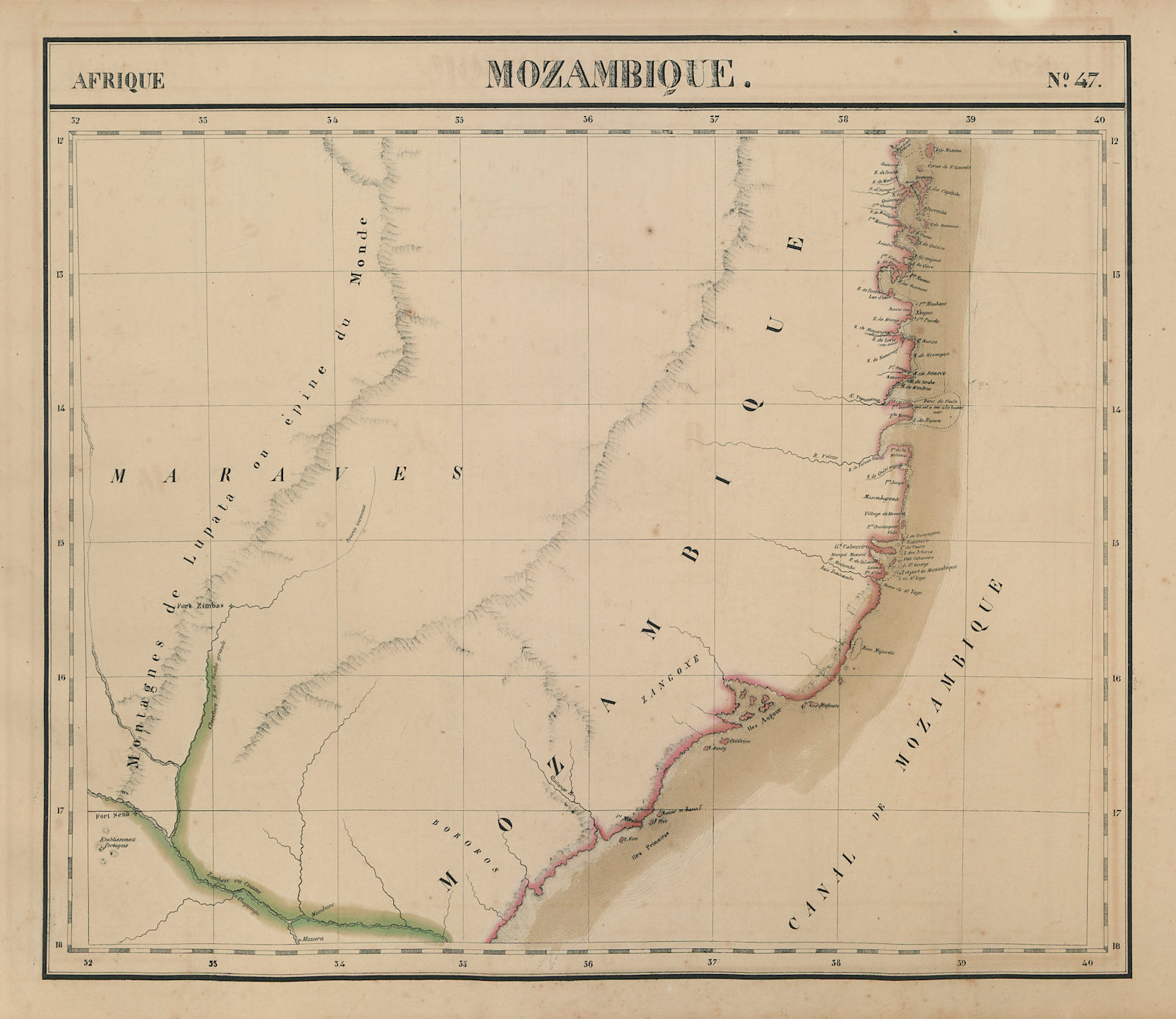 Afrique. Mozambique #47. Northern Mozambique. VANDERMAELEN 1827 old map