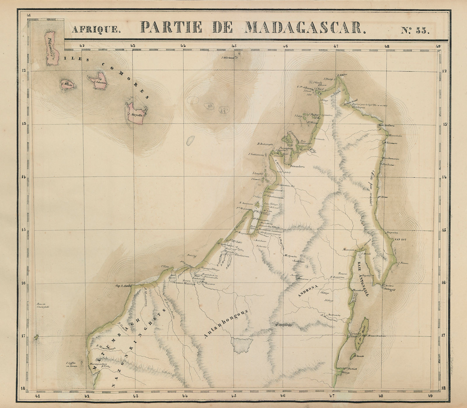 Afrique. Partie de Madagascar #55 North Madagascar Comoros VANDERMAELEN 1827 map