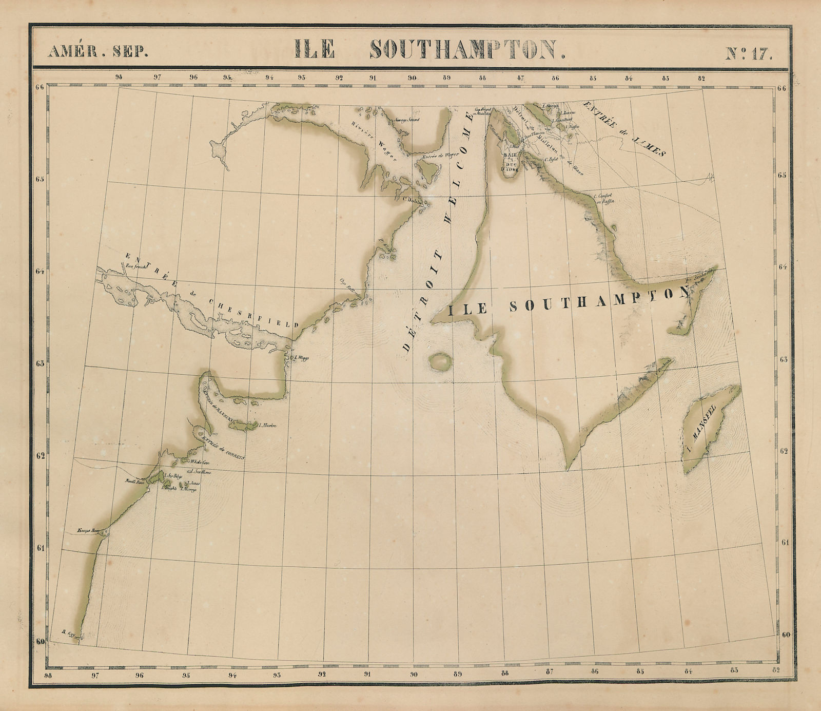Amér. Sep. Ile Southampton Island #17. Hudson Bay Canada. VANDERMAELEN 1827 map