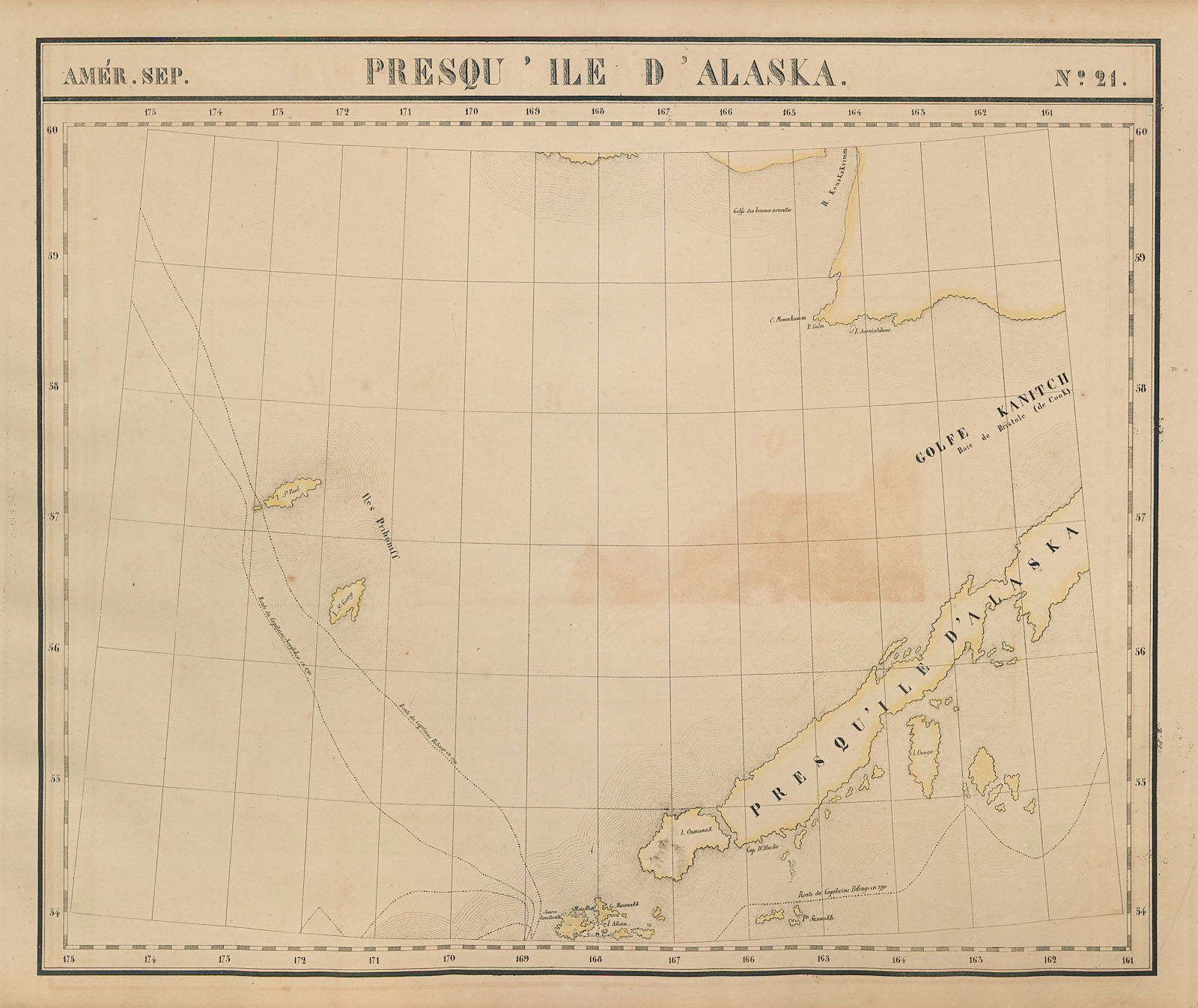 Amér. Sep. Presqu'ile d'Alaska Peninsula #21. Aleutian Arc VANDERMAELEN 1827 map