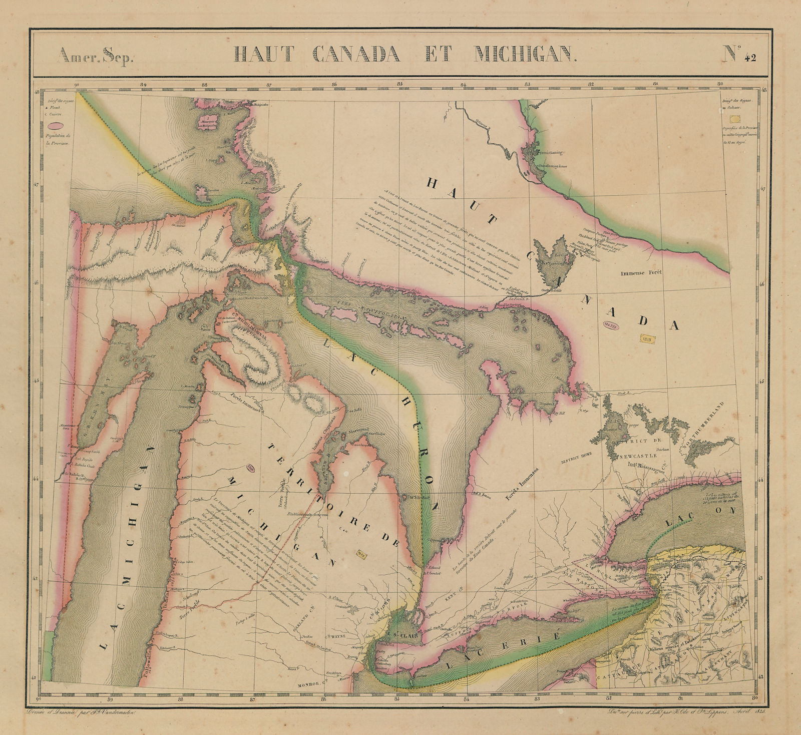 Amér. Sep. Haut Canada et Michigan #42 Great Lakes Ontario VANDERMAELEN 1827 map