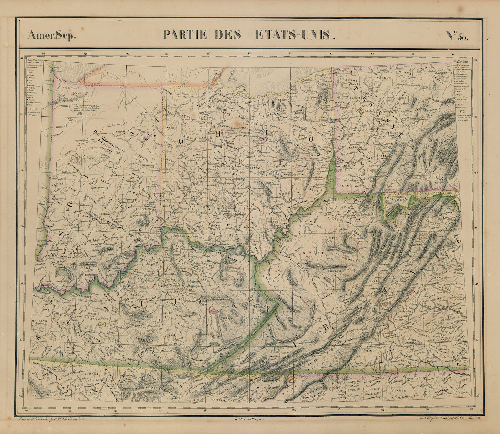 Associate Product Amér Sep Parties des États-Unis #50 Ohio KY WV VA IN PA. VANDERMAELEN 1827 map