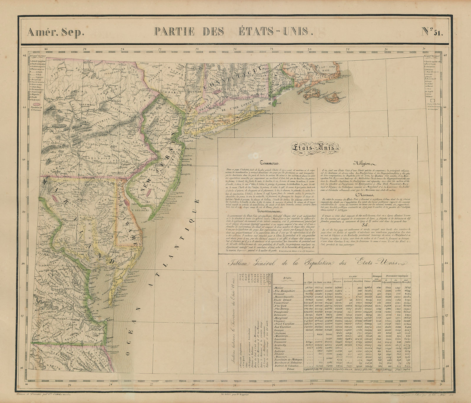 Amér Sep Parties des États-Unis #51 USA Mid-Atlantic coast VANDERMAELEN 1827 map