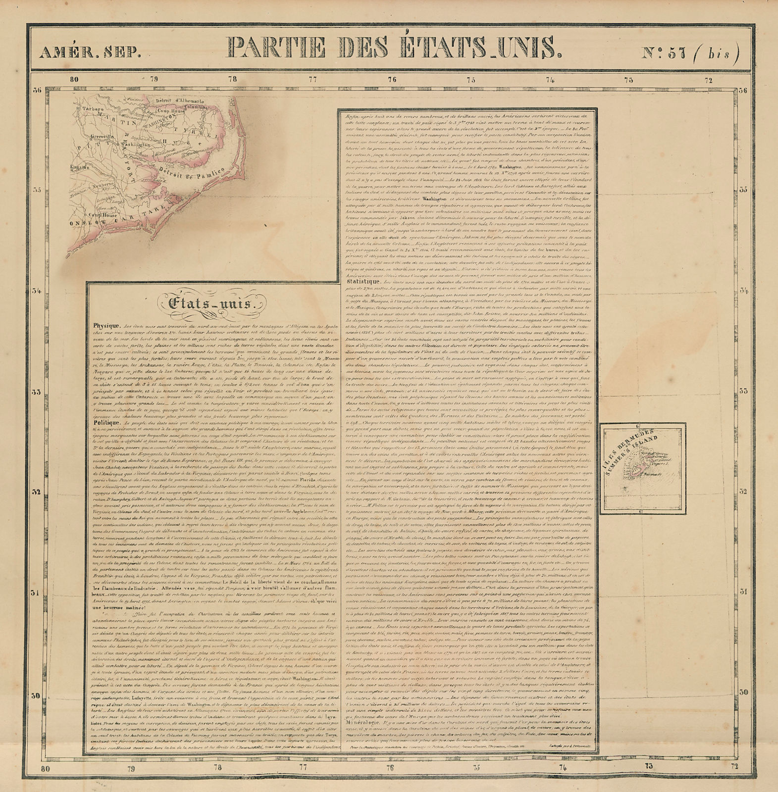 Amér Sep. Partie des États-Unis #57b Bermuda Cape Hatteras VANDERMAELEN 1827 map
