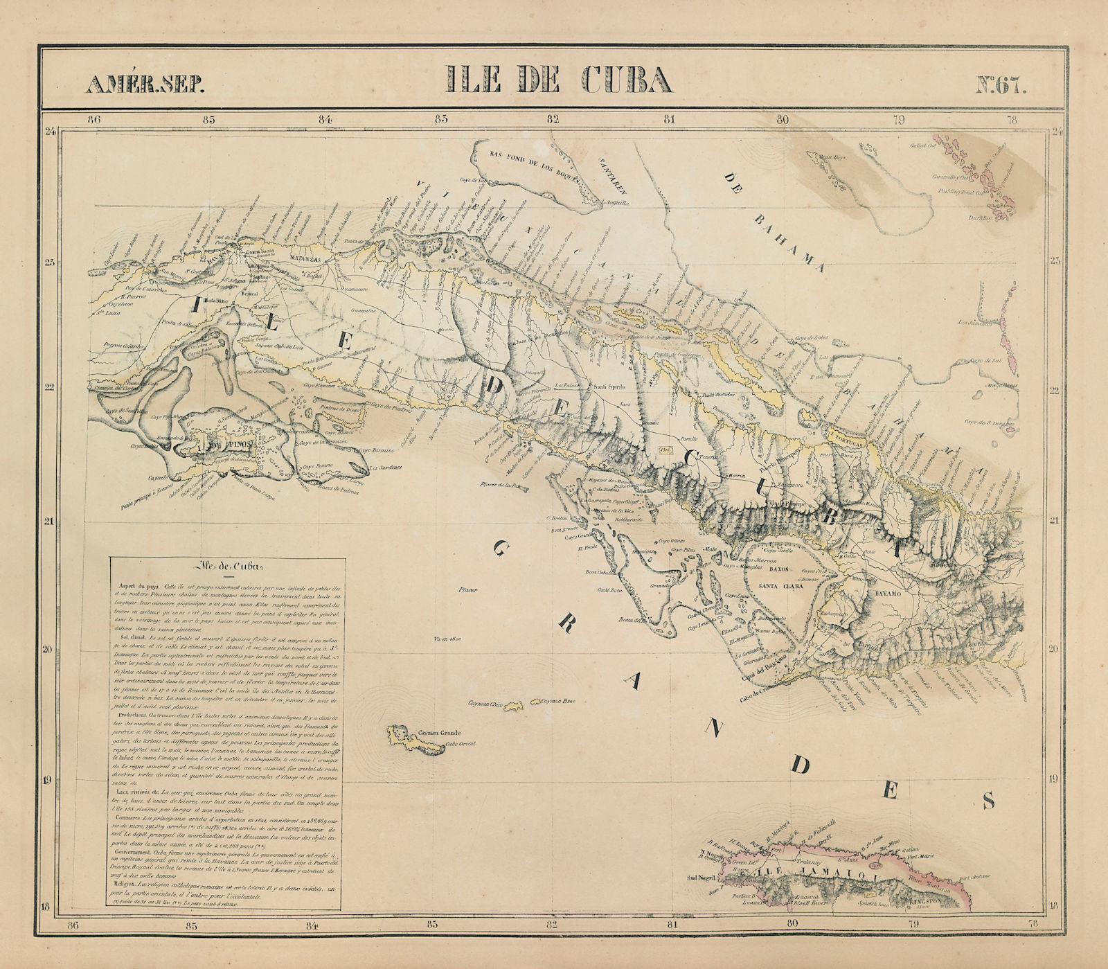 Amér. Sep. Ile de Cuba #67. Cuba & Jamaica Cayman Islands. VANDERMAELEN 1827 map