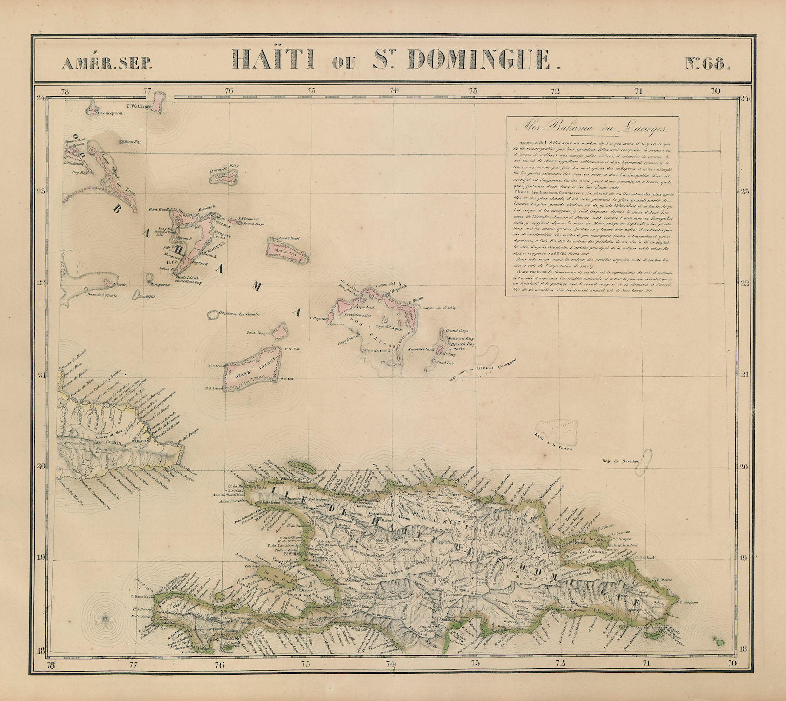 Amér Sep Haiti Domingue 68 Hispaniola Turks Caicos Bahamas VANDERMAELEN 1827 map