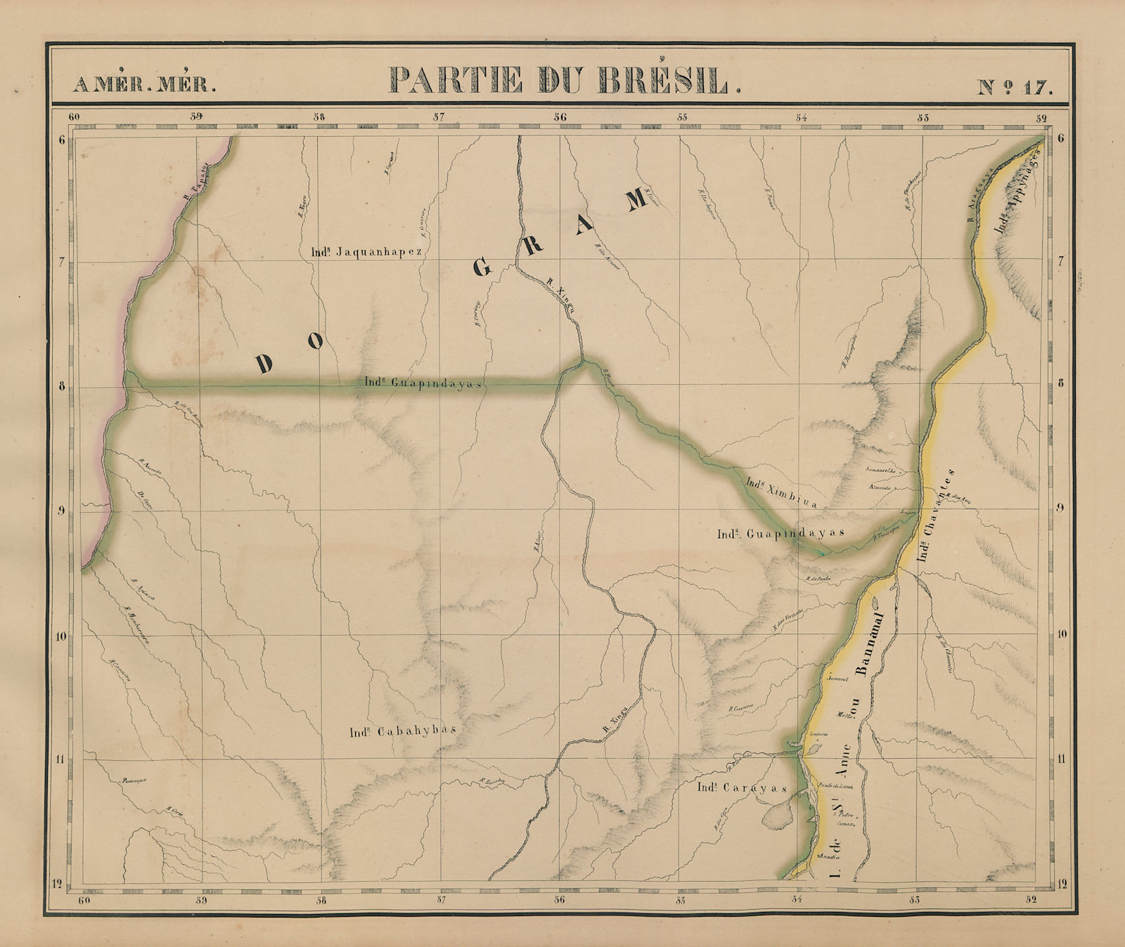 Amér. Mér. Brésil #17. NE Mato Grosso & SW Para, Brazil. VANDERMAELEN 1827 map
