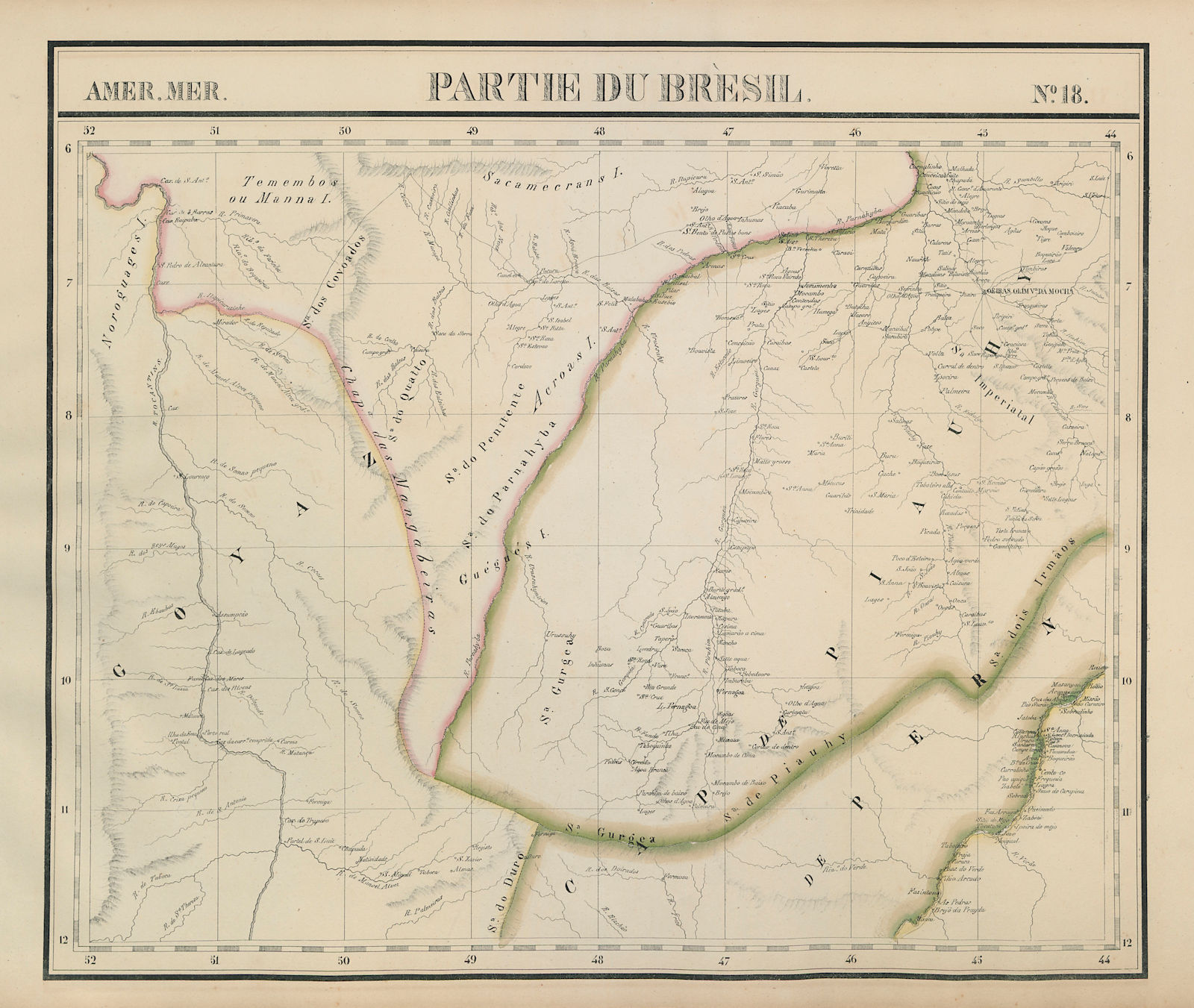 Amér. Mér. Brésil #18 North-central Brazil. PA TO BA MA PI VANDERMAELEN 1827 map