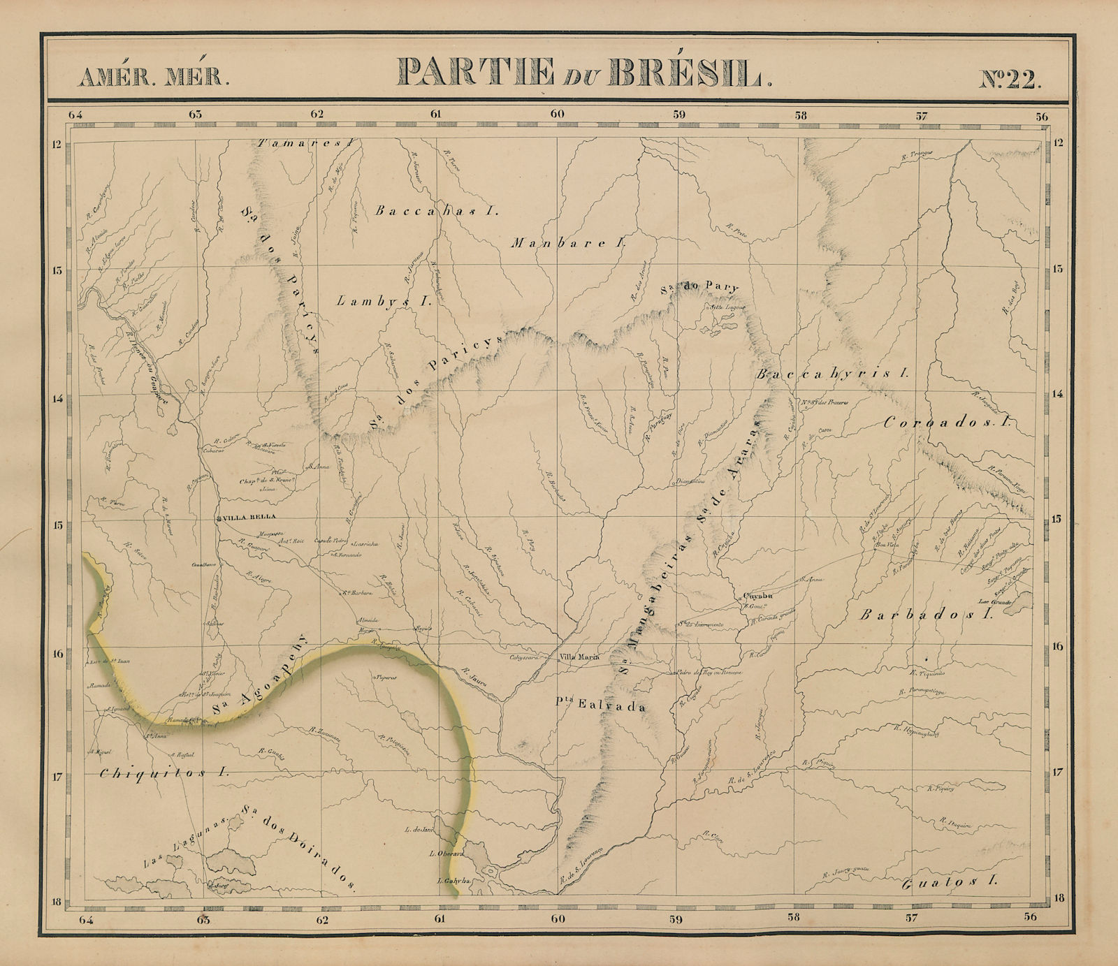 Amér. Mér. Brésil #22. Eastern Bolivia & SW Brazil. RO MT. VANDERMAELEN 1827 map