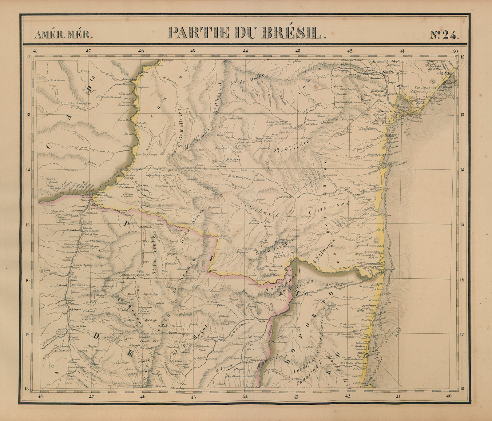 Amér. Mér. Brésil #24. Southern Bahia & NE Minas Gerais. VANDERMAELEN 1827 map