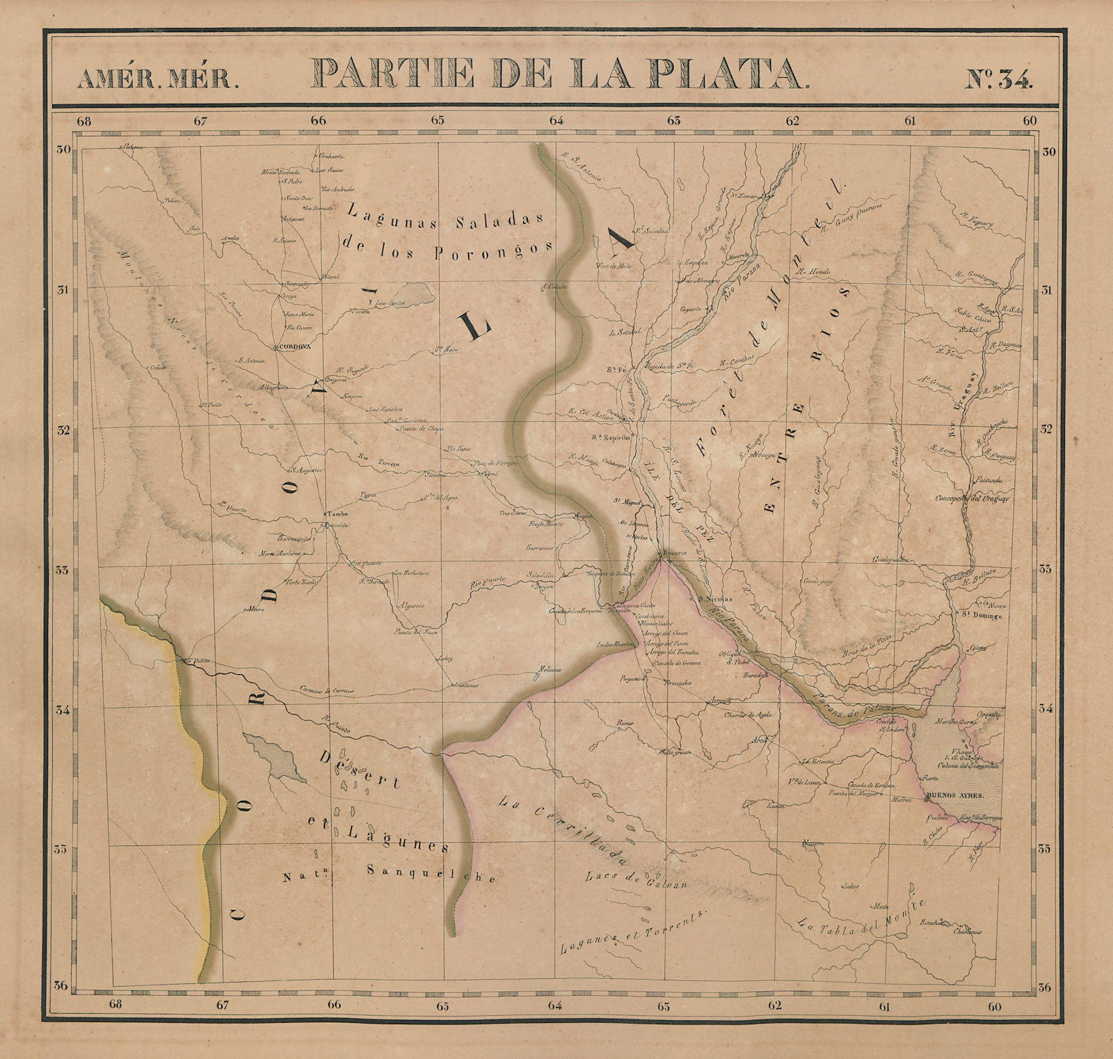 Amér. Mér. La Plata #34. East-central Argentina. VANDERMAELEN 1827 old map