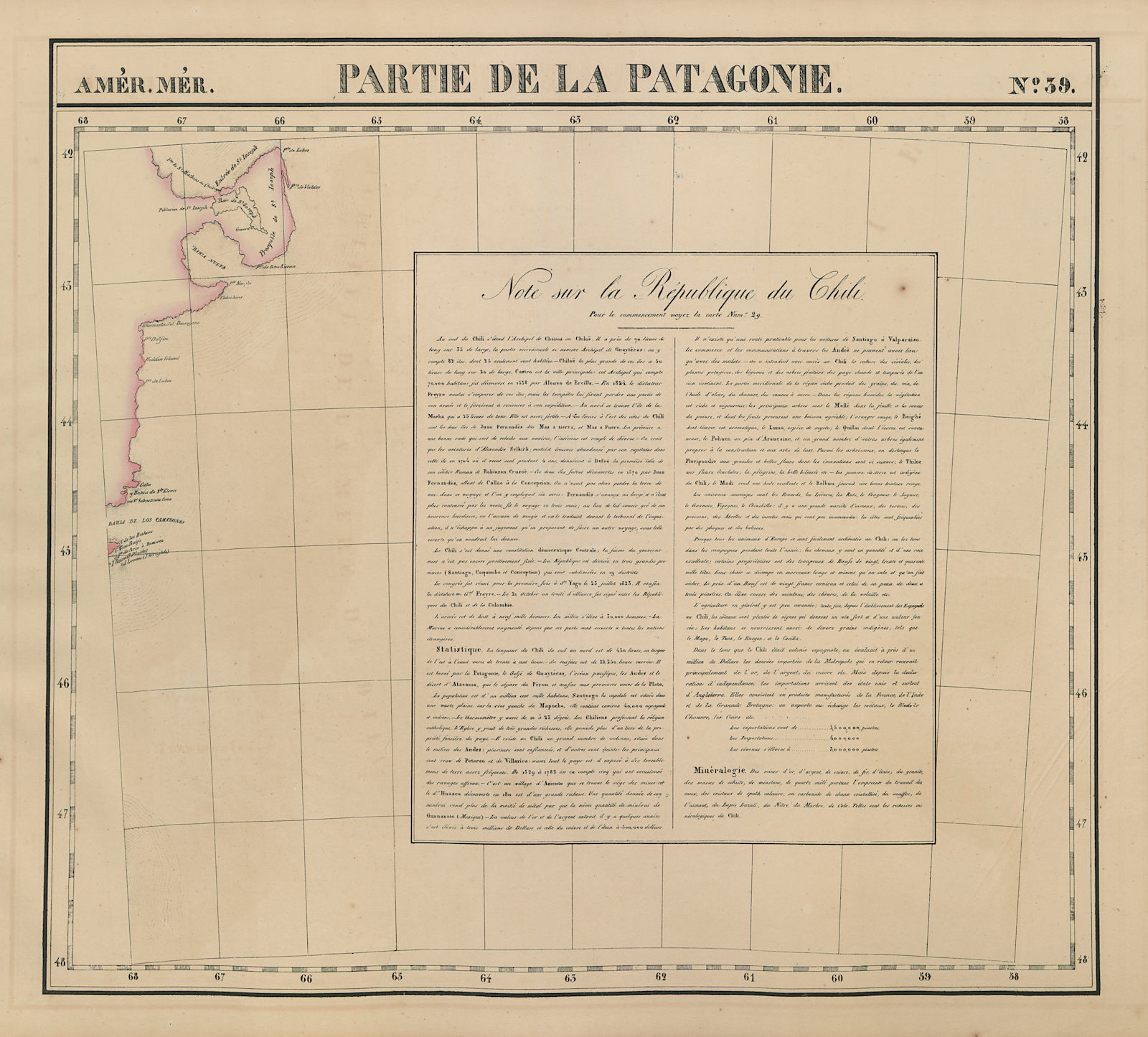 Amér. Mér. Patagonie #39. Northeast Chubut, Argentina. VANDERMAELEN 1827 map