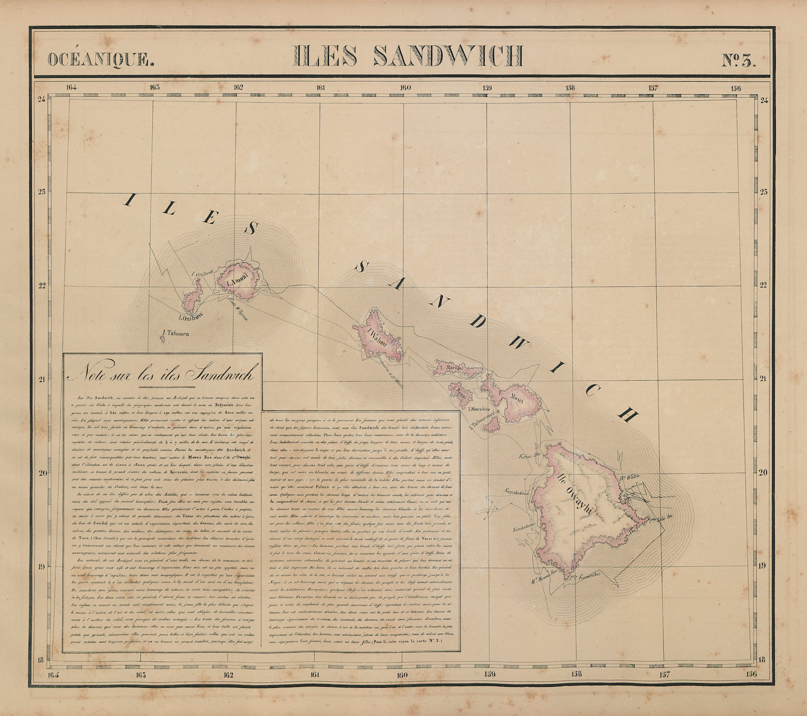 Océanique. Iles Sandwich #3. Hawaii Oahu Kauai Maui. VANDERMAELEN 1827 old map