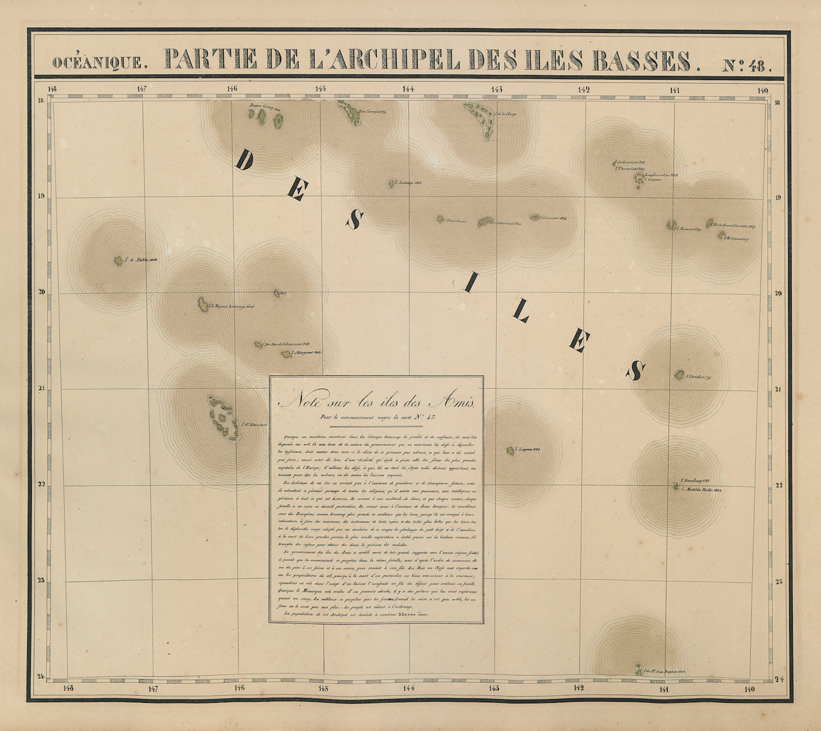Océanique Partie… des Iles Basses 48 SE Tuamotus Polynesia VANDERMAELEN 1827 map