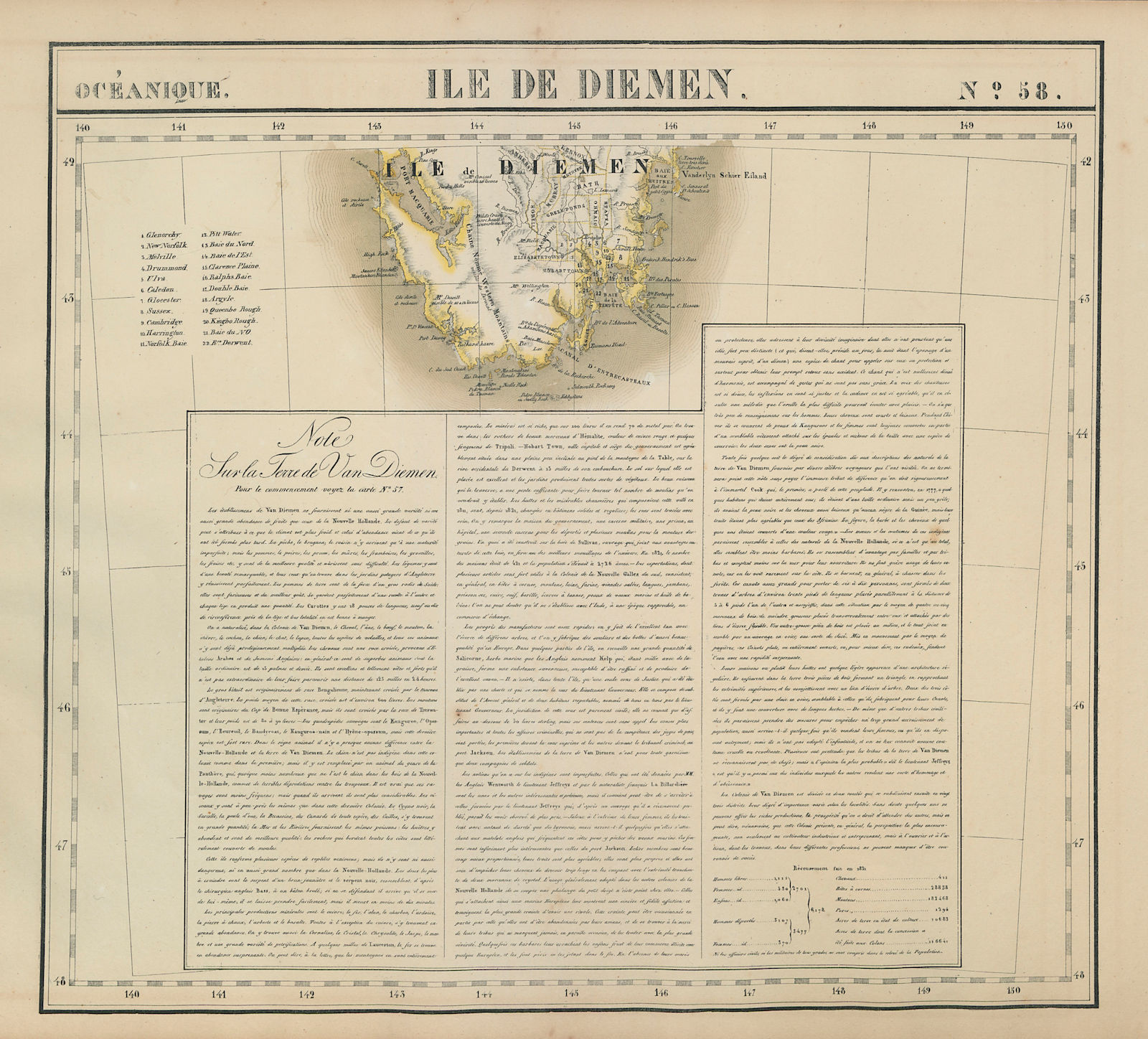 Océanique. Ile de Diemen #58. South Tasmania. VANDERMAELEN 1827 old map