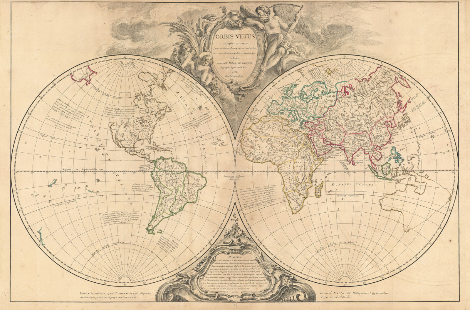 "Orbis Vetus…" World twin hemispheres. ROBERT DE VAUGONDY 1752 old antique map