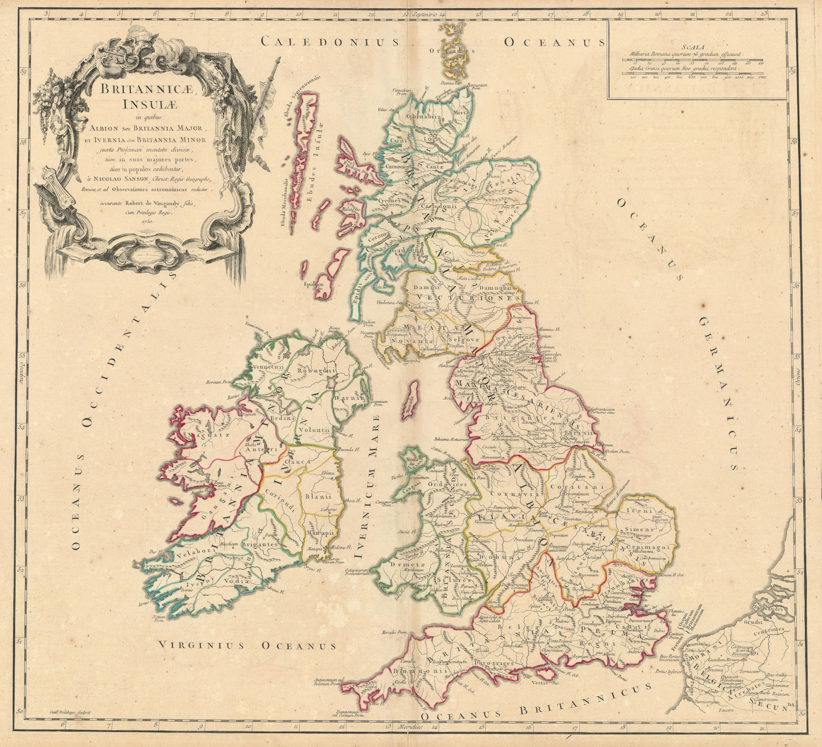 "Britannicae, Insulae in quibus Albion…" British Isles. VAUGONDY 1750 old map