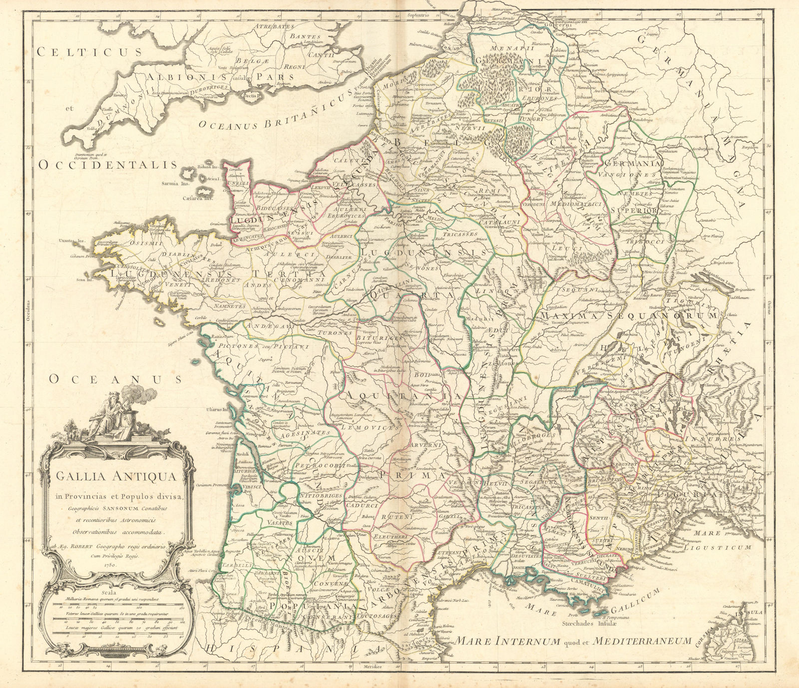 "Gallia Antiqua in provincias…" Roman Gaul. France. VAUGONDY 1750 old map