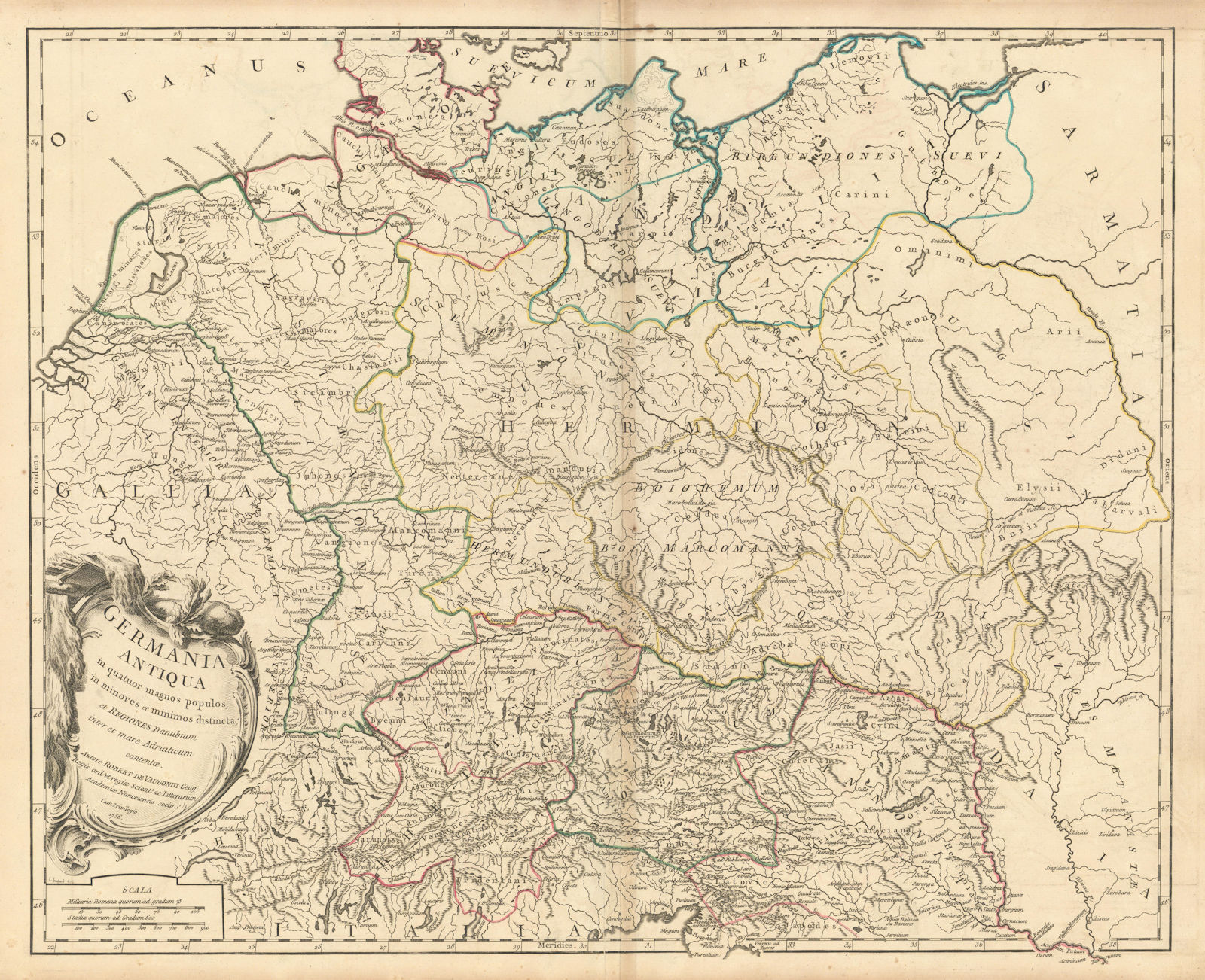 "Germania Antiqua in quatuor magnos populos…" Germany tribes. VAUGONDY 1756 map