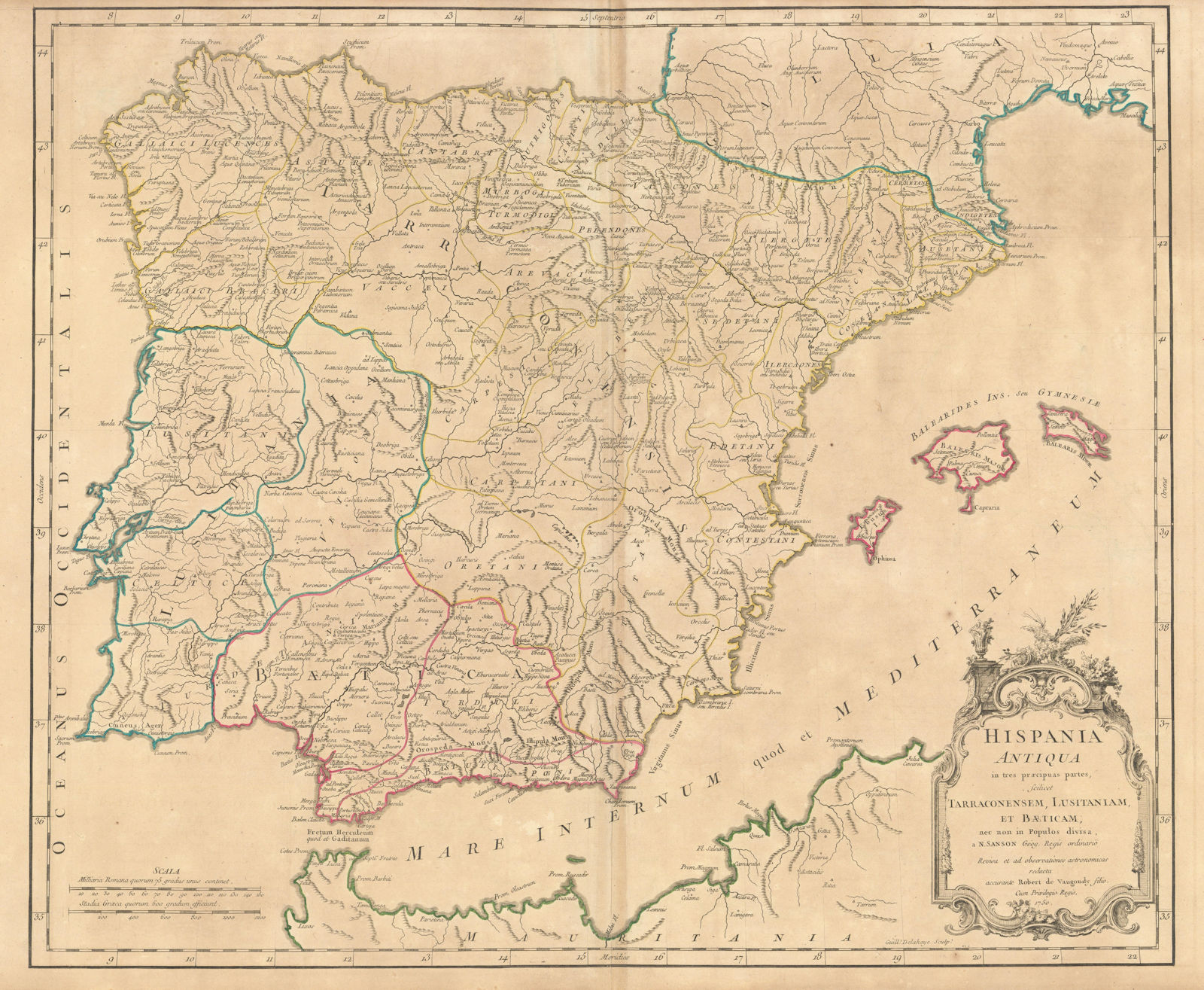 "Hispania Antiqua in tres praecipuas partes…" Ancient Iberia. VAUGONDY 1750 map