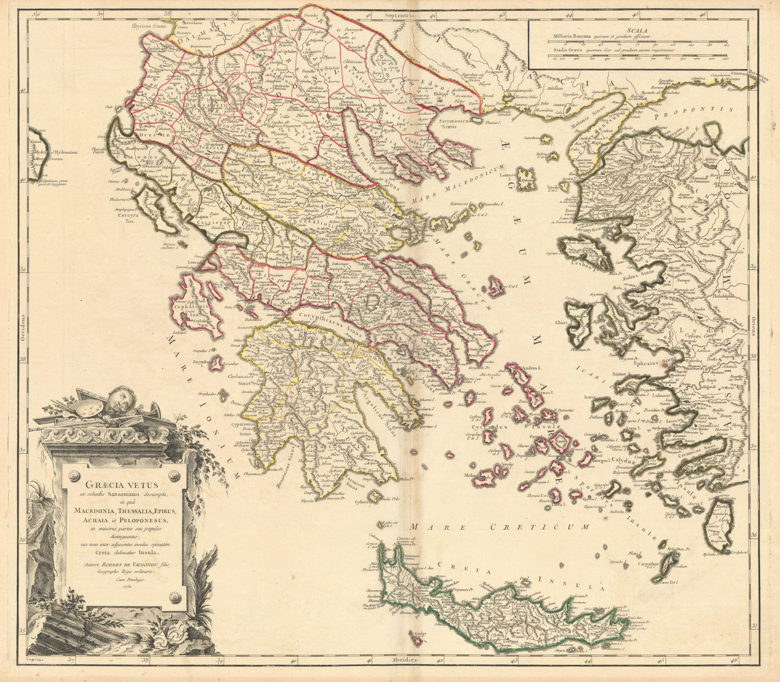 "Graecia Vetus ex schaedis Sansonianis…" Ancient Greece. VAUGONDY 1752 old map