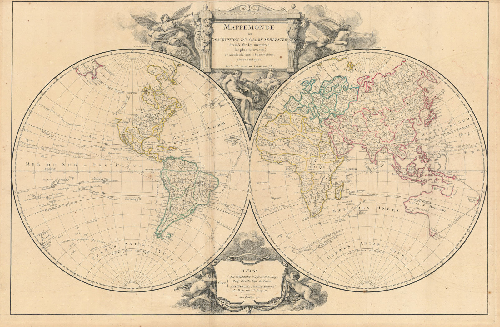 Mappemonde ou description du globe terrestre World hemispheres VAUGONDY 1752