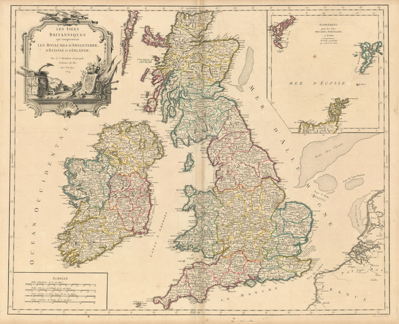 "Les Isles Britanniques qui comprennent…" British Isles. VAUGONDY 1754 old map