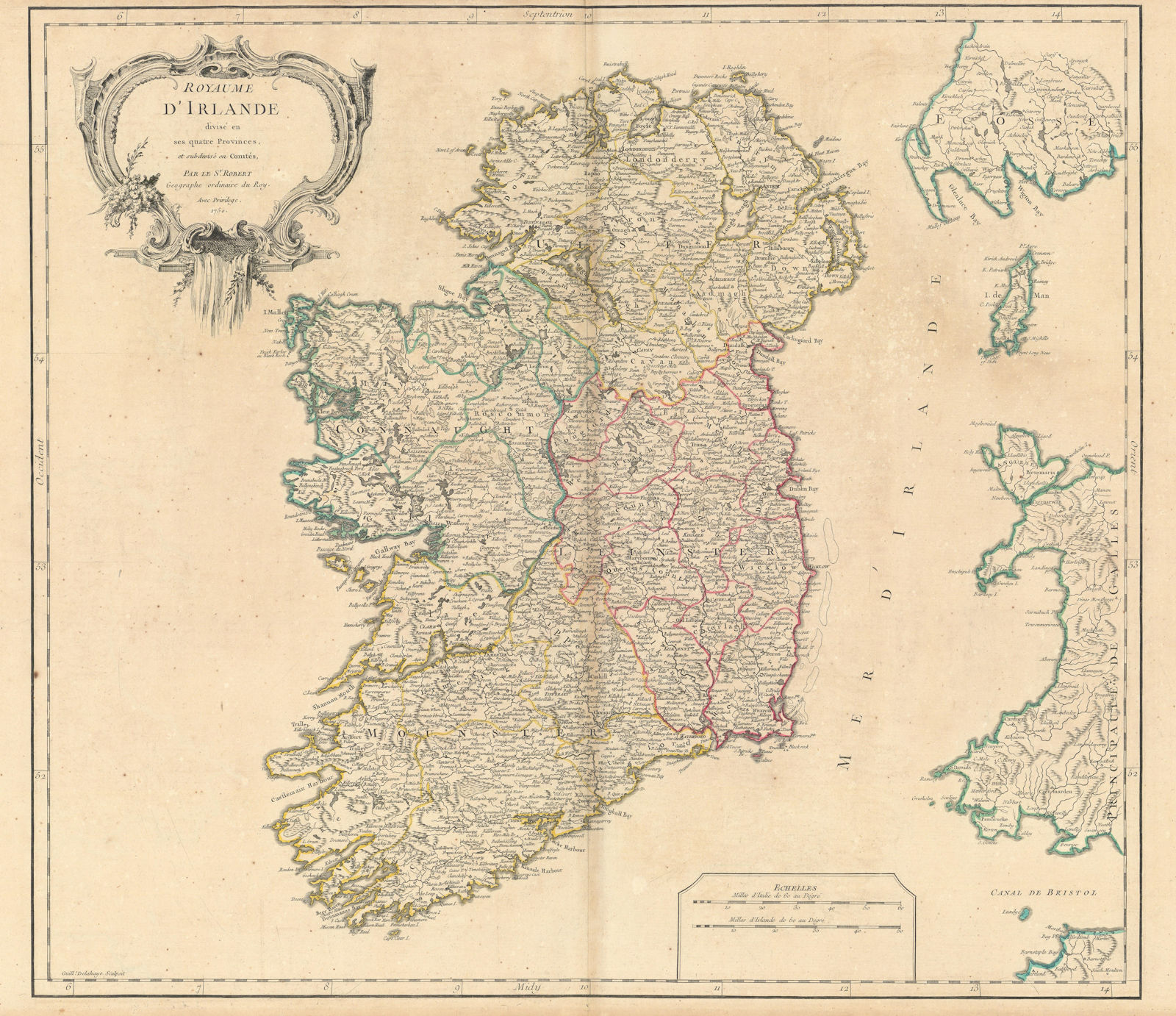 "Royaume d'Irlande divisé en ses quatre provinces…" Ireland. VAUGONDY 1750 map
