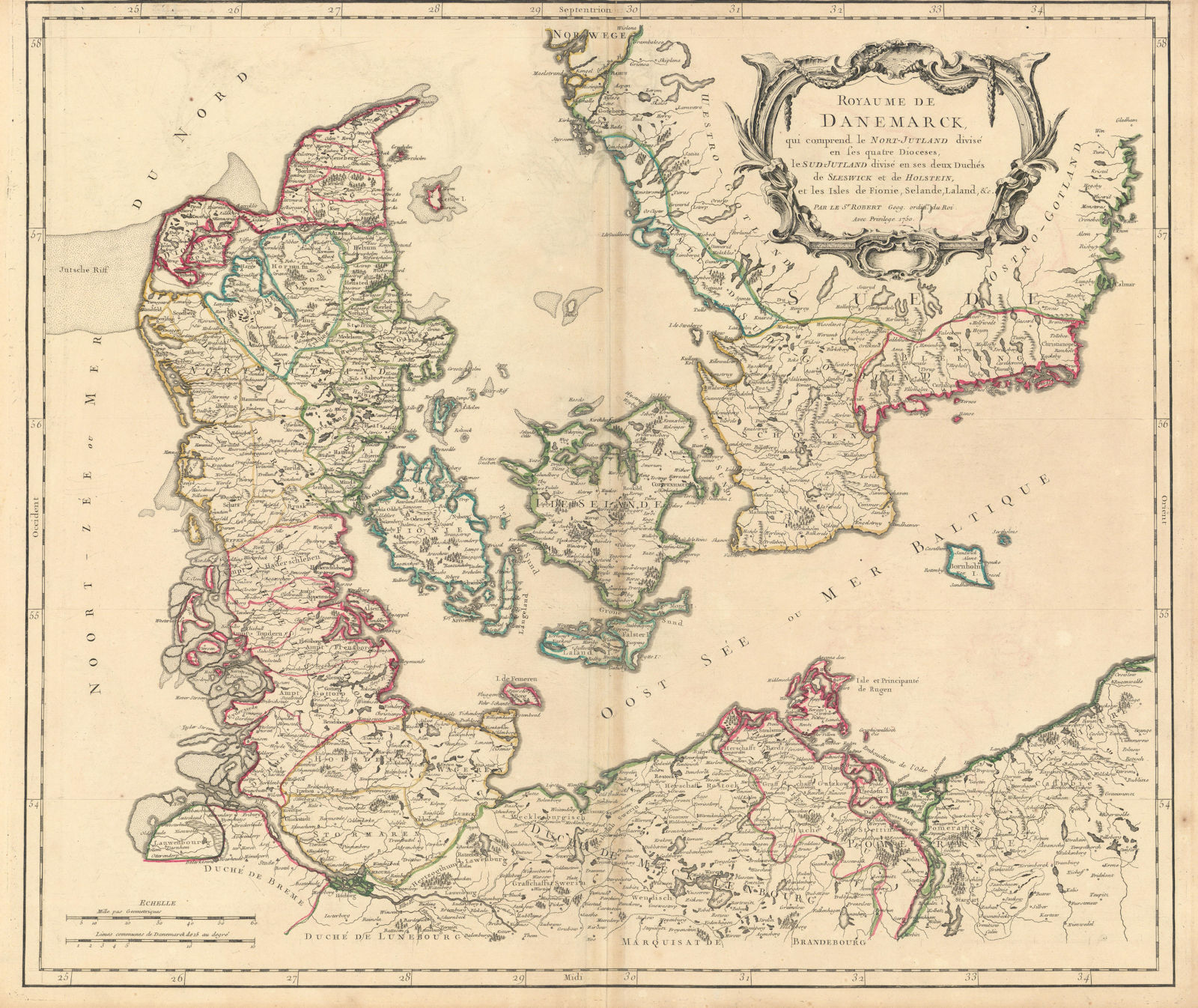 "Royaume de Danemarck…" Denmark & Southern Sweden. ROBERT DE VAUGONDY 1750 map