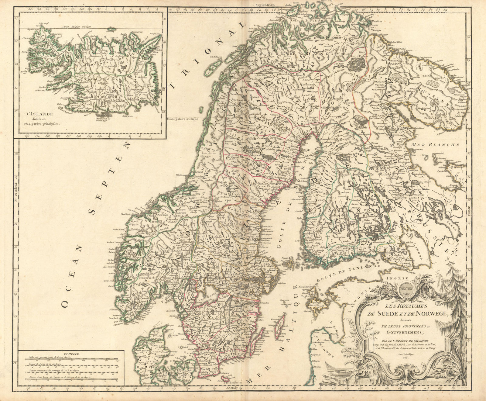 "Les Royaumes de Suede et de Norwege". Scandinavia Iceland. VAUGONDY 1756 map