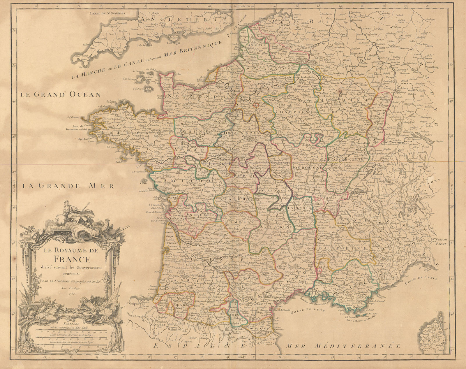 "Le Royaume de France divisé… Gouvernemens généraux" provinces VAUGONDY 1750 map