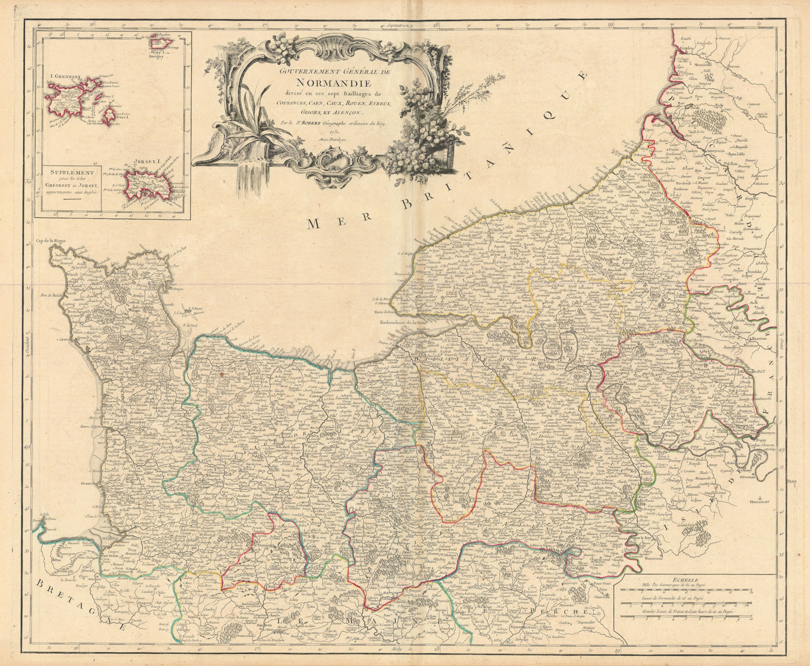 "Gouvernement Général de Normandie" Normandy. NW France. VAUGONDY 1751 old map