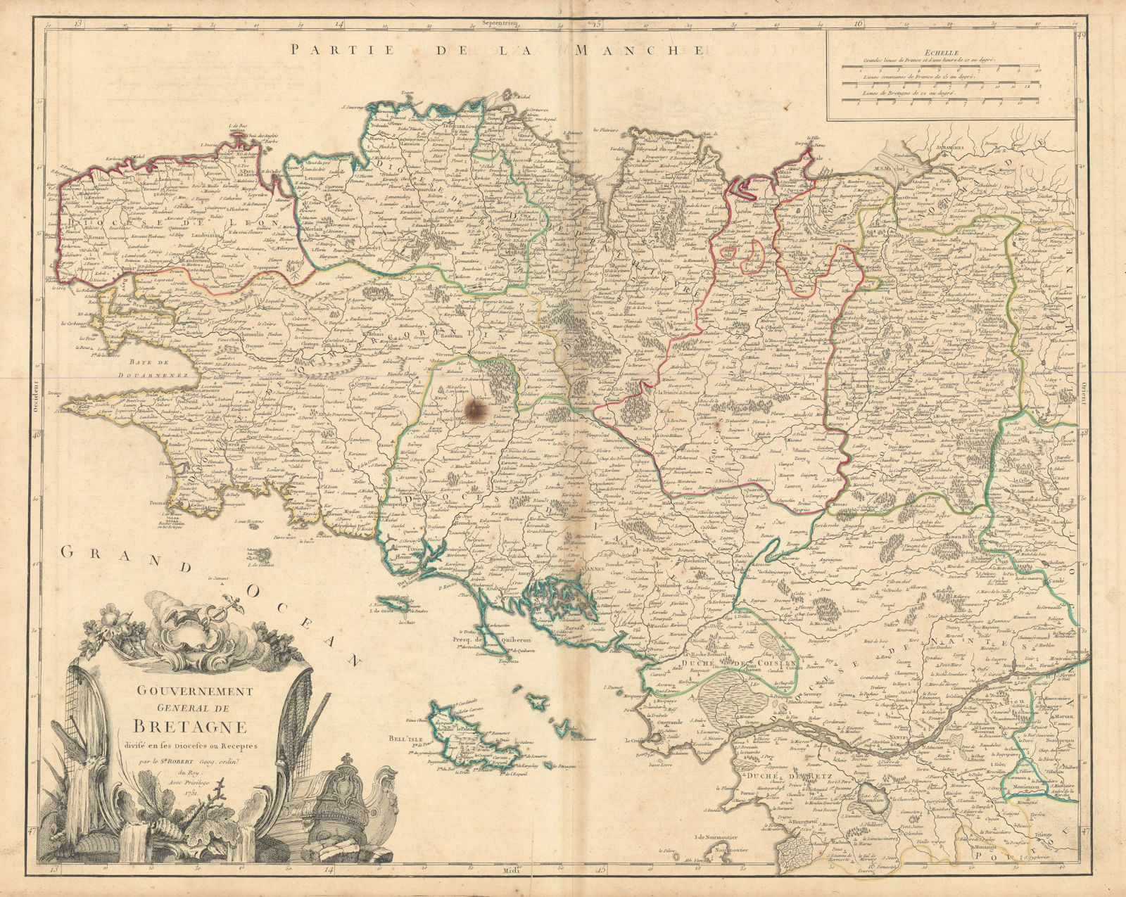 "Gouvernement General de Bretagne" Brittany, NW France. VAUGONDY 1751 old map