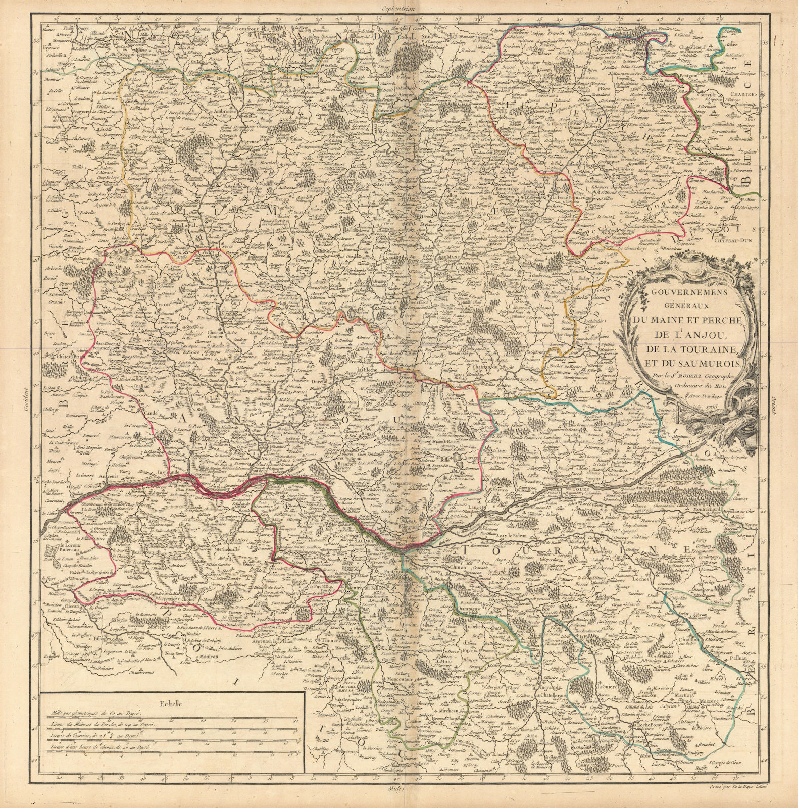 "Maine et Perche, de l'Anjou, de la Touraine…" Loire valley. VAUGONDY 1753 map