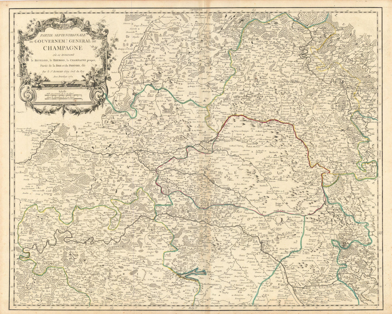 "Partie Septentrionale… de Champagne". Marne Aisne Ardennes. VAUGONDY 1752 map