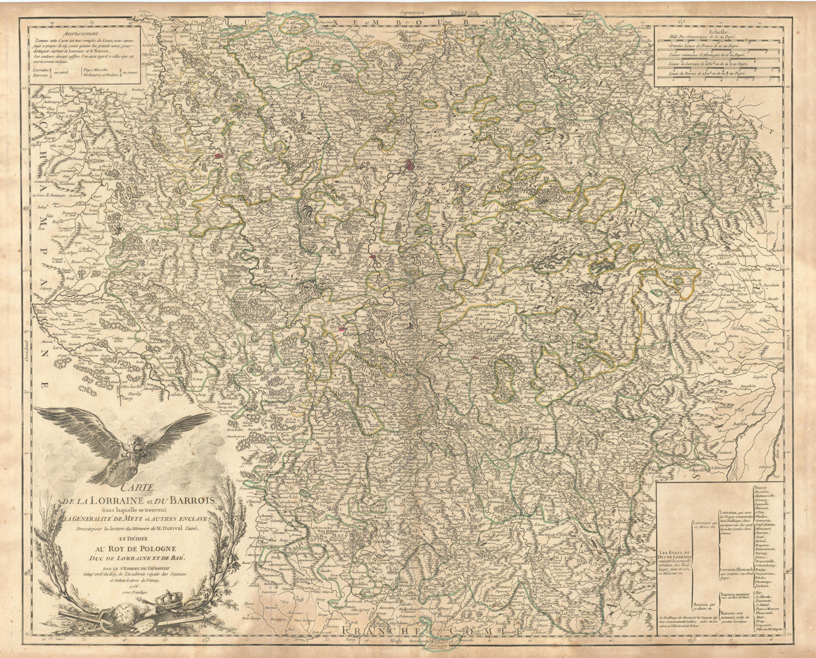 "Carte de la Lorraine et du Barrois…" Grand East. NE France. VAUGONDY 1756 map