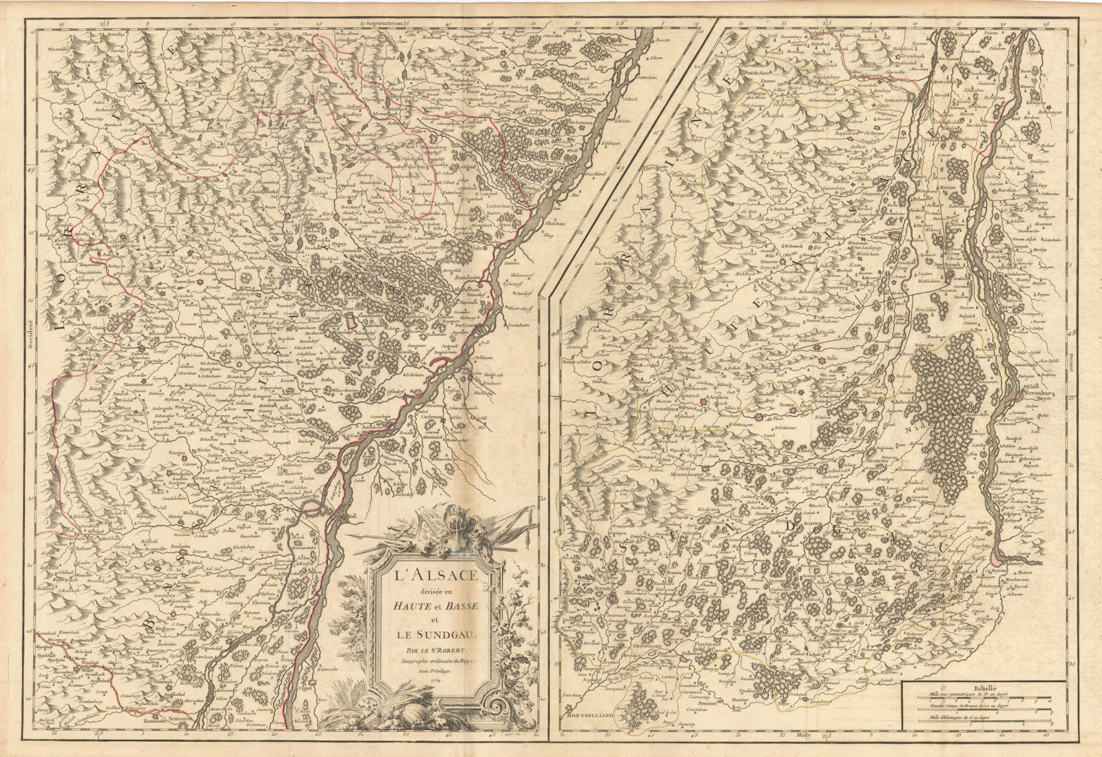 L'Alsace divisée en Haute et Basse & le Sundgau. Haut/Bas-Rhin VAUGONDY 1754 map