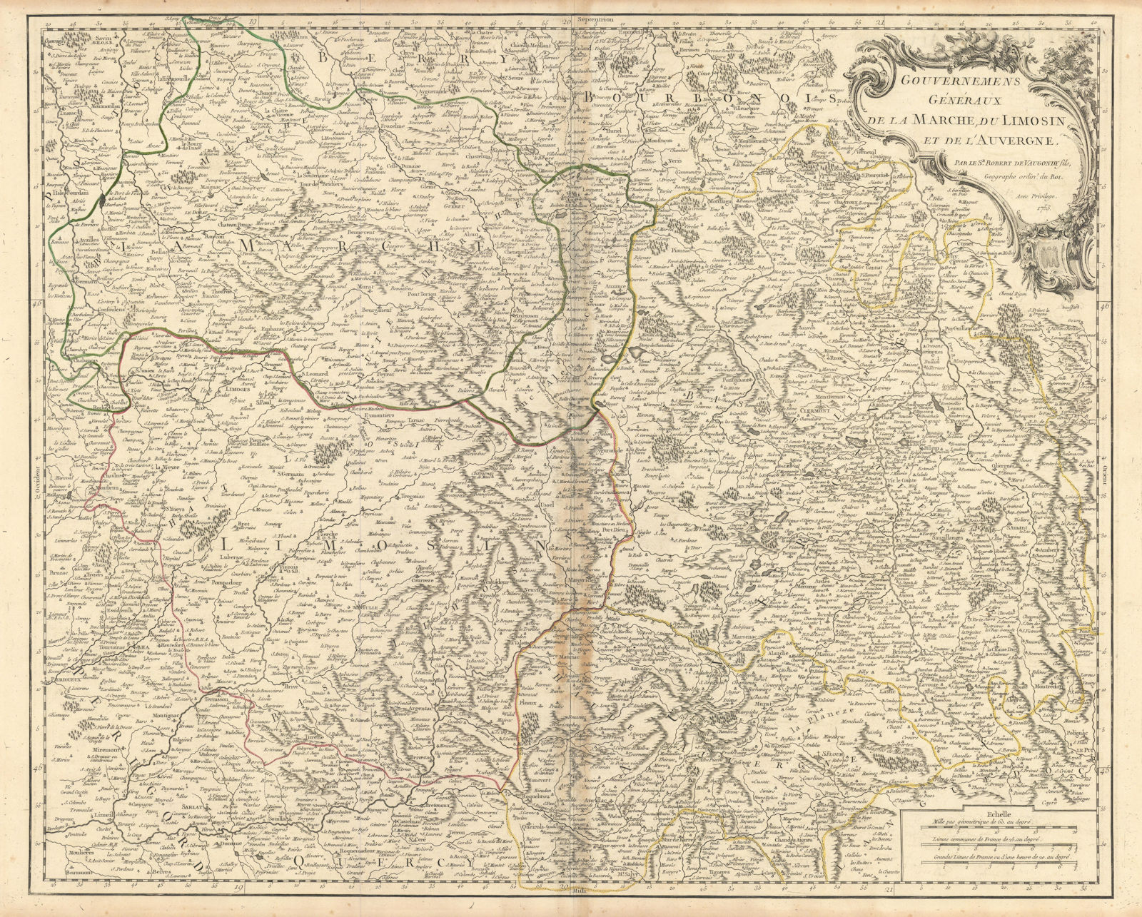 Associate Product "…de la Marche, du Limosin & de l'Auvergne" France centre. VAUGONDY 1753 map