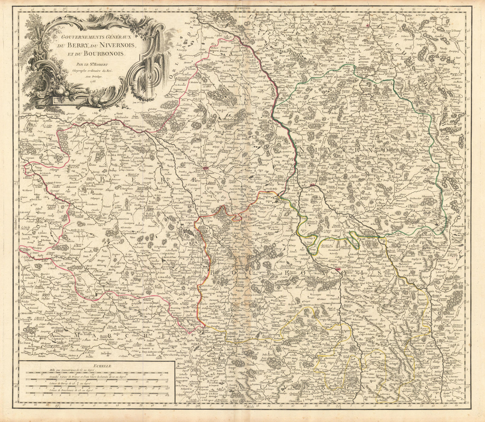 "…du Berry, du Nivernois et du Bourbonois" Centre-Val de Loire VAUGONDY 1753 map