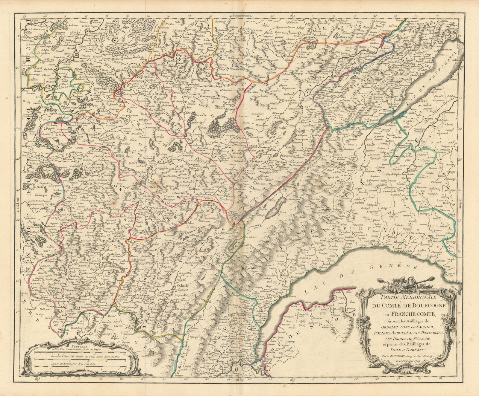 "Partie Méridionale… de Bourgogne ou Franche-Comté" Jura Vaud. VAUGONDY 1749 map