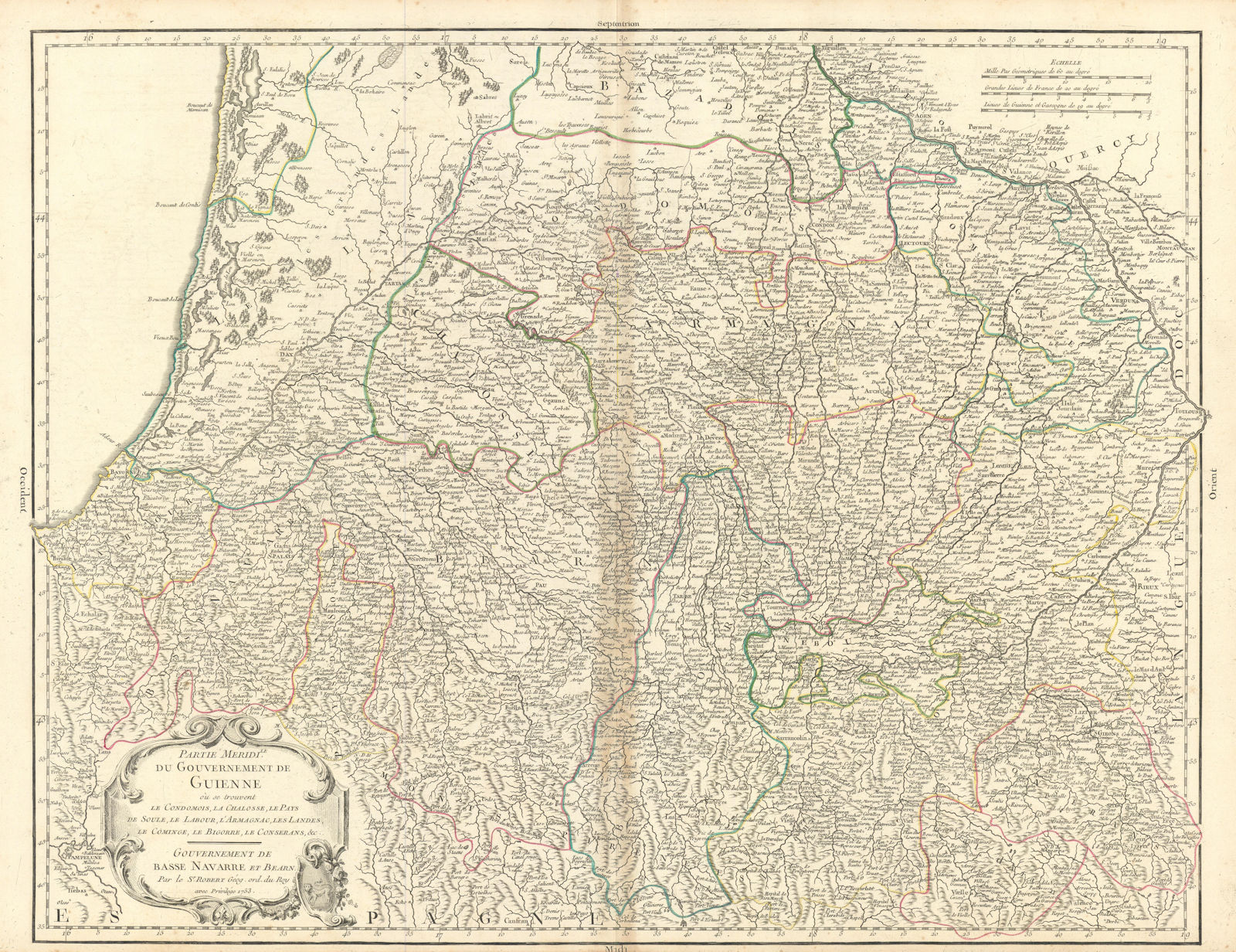 "Partie Meridile… de Guienne" Landes Gers Pyrénées Garonne VAUGONDY 1753 map