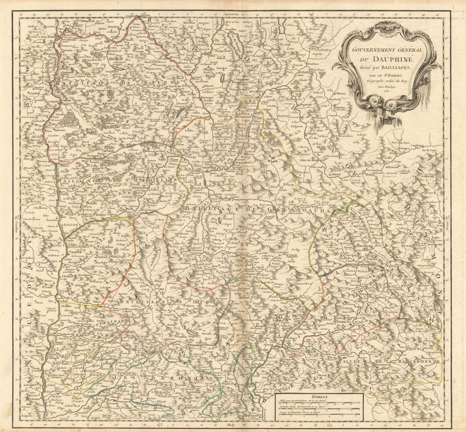 "Gouvernement Général du Dauphiné". Drôme Isère Hautes-Alpes. VAUGONDY 1751 map