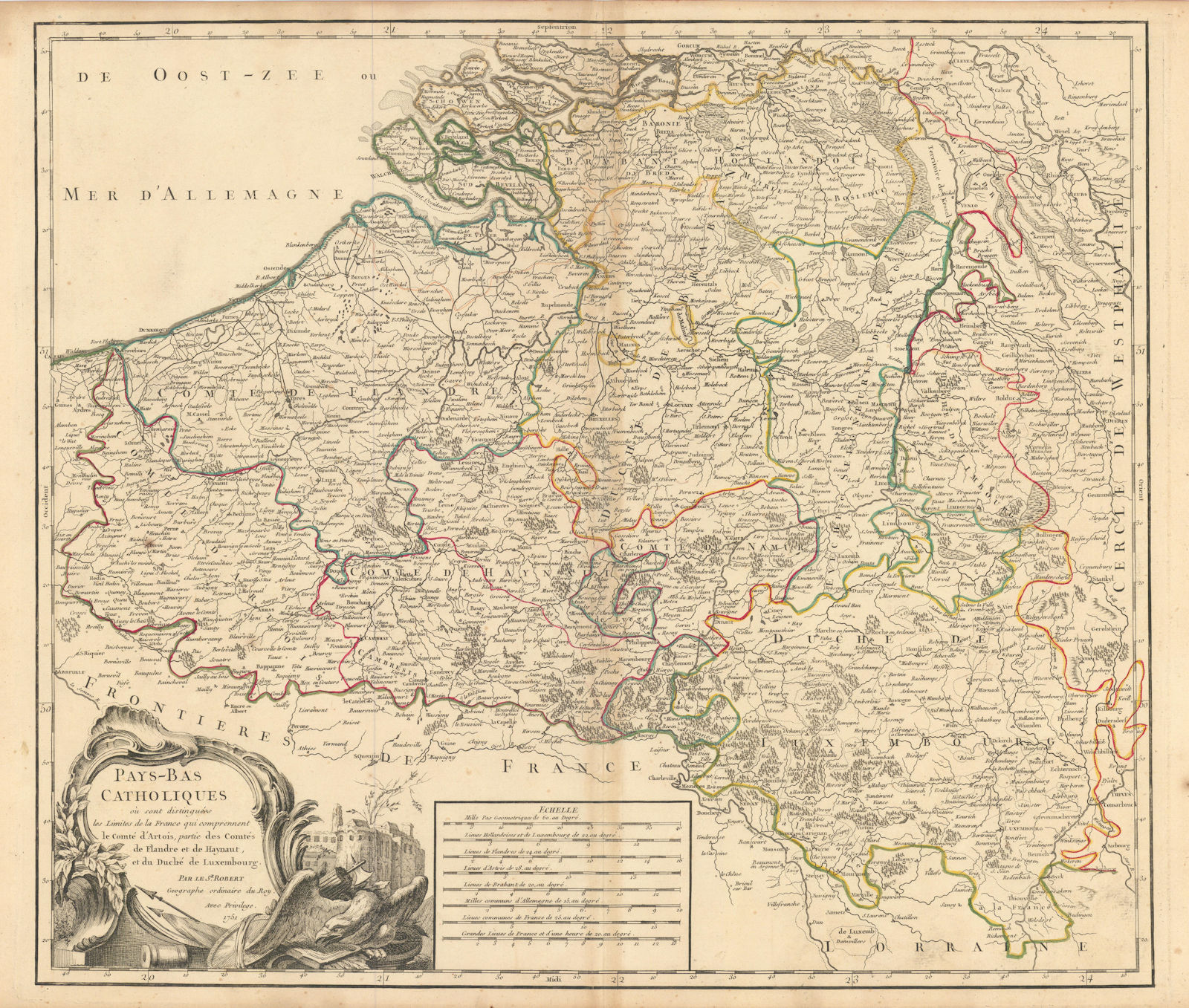 "Pays-Bas Catholiques". Belgium & Luxembourg. ROBERT DE VAUGONDY 1751 old map